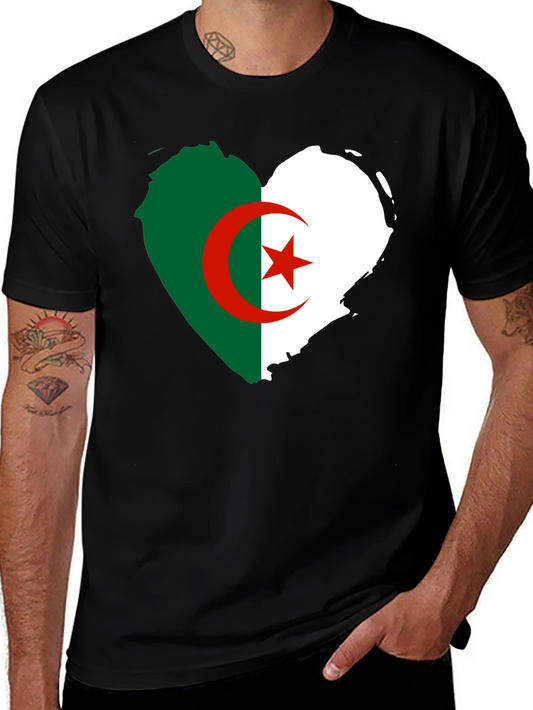 Algeria Flag Heart T-Shirt - Black Crew Neck Tee