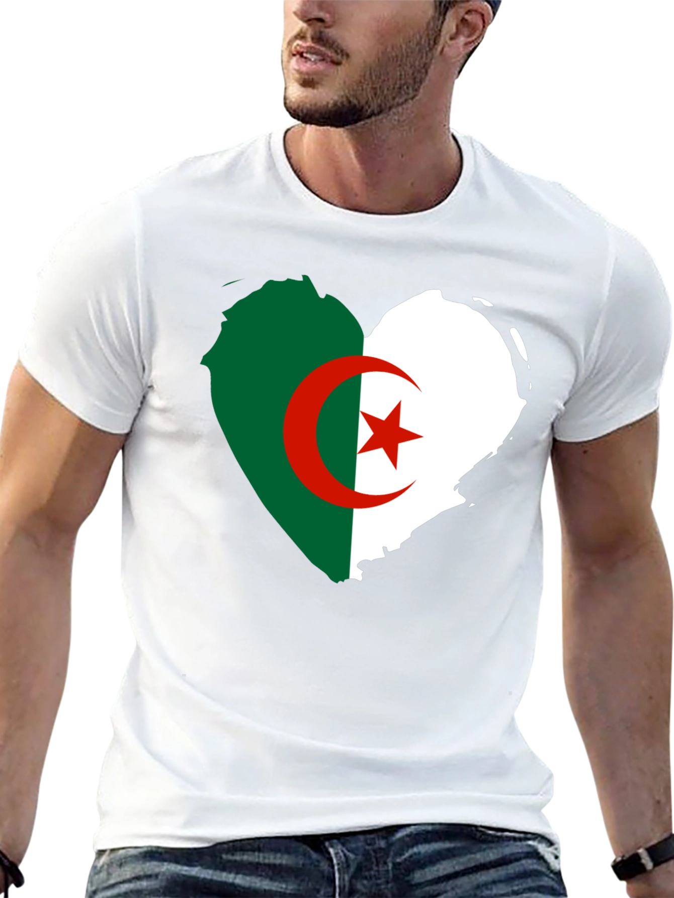 Algeria Flag Heart T-Shirt - Black Crew Neck Tee