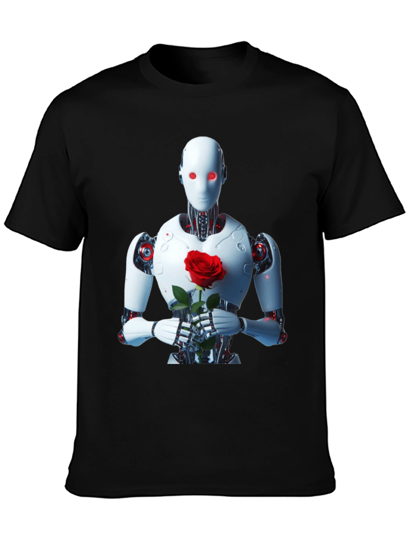 Robot with Rose Graphic Tee - Unique Black T-Shirt