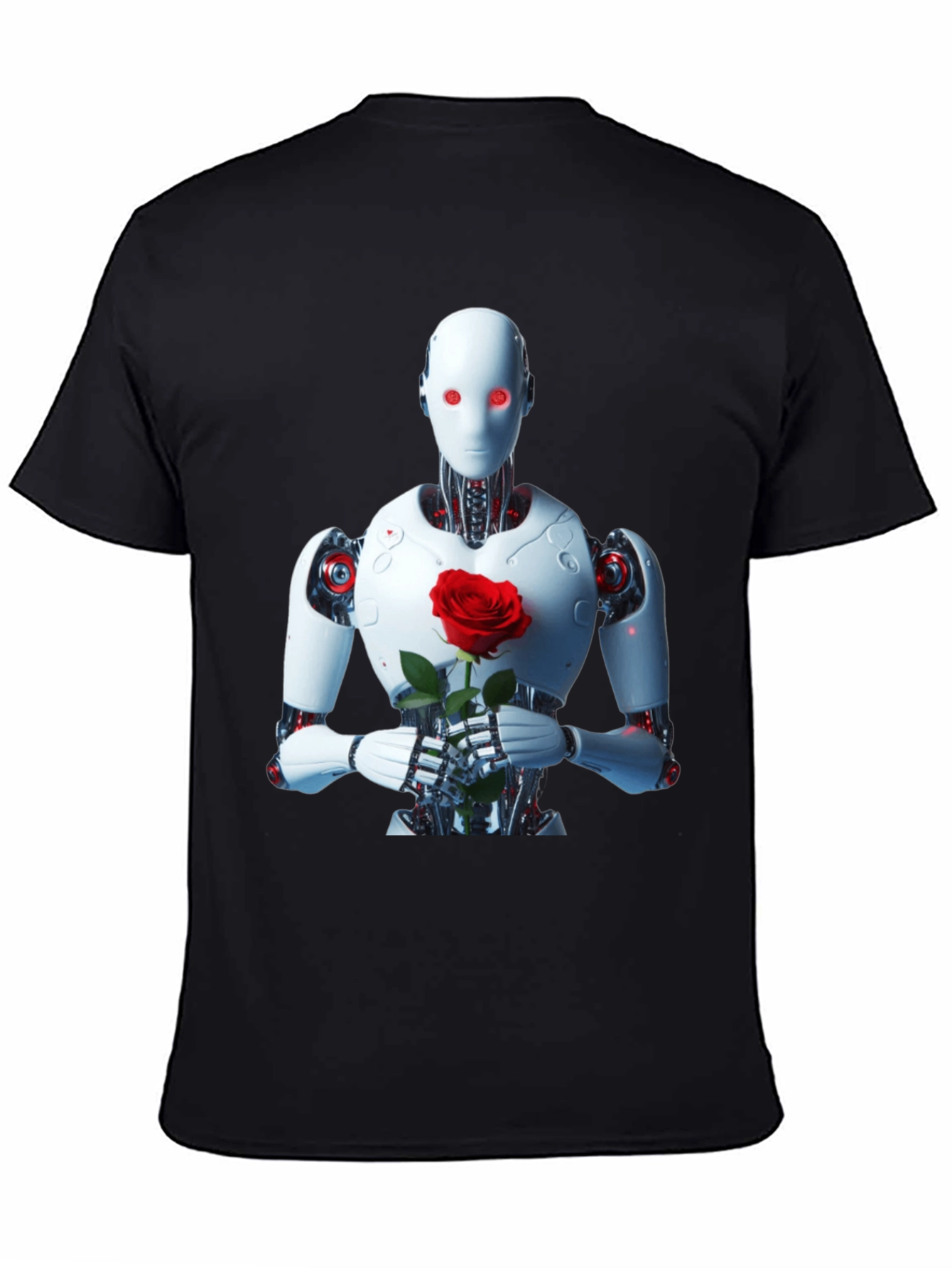 Robot with Rose Graphic Tee - Unique Black T-Shirt