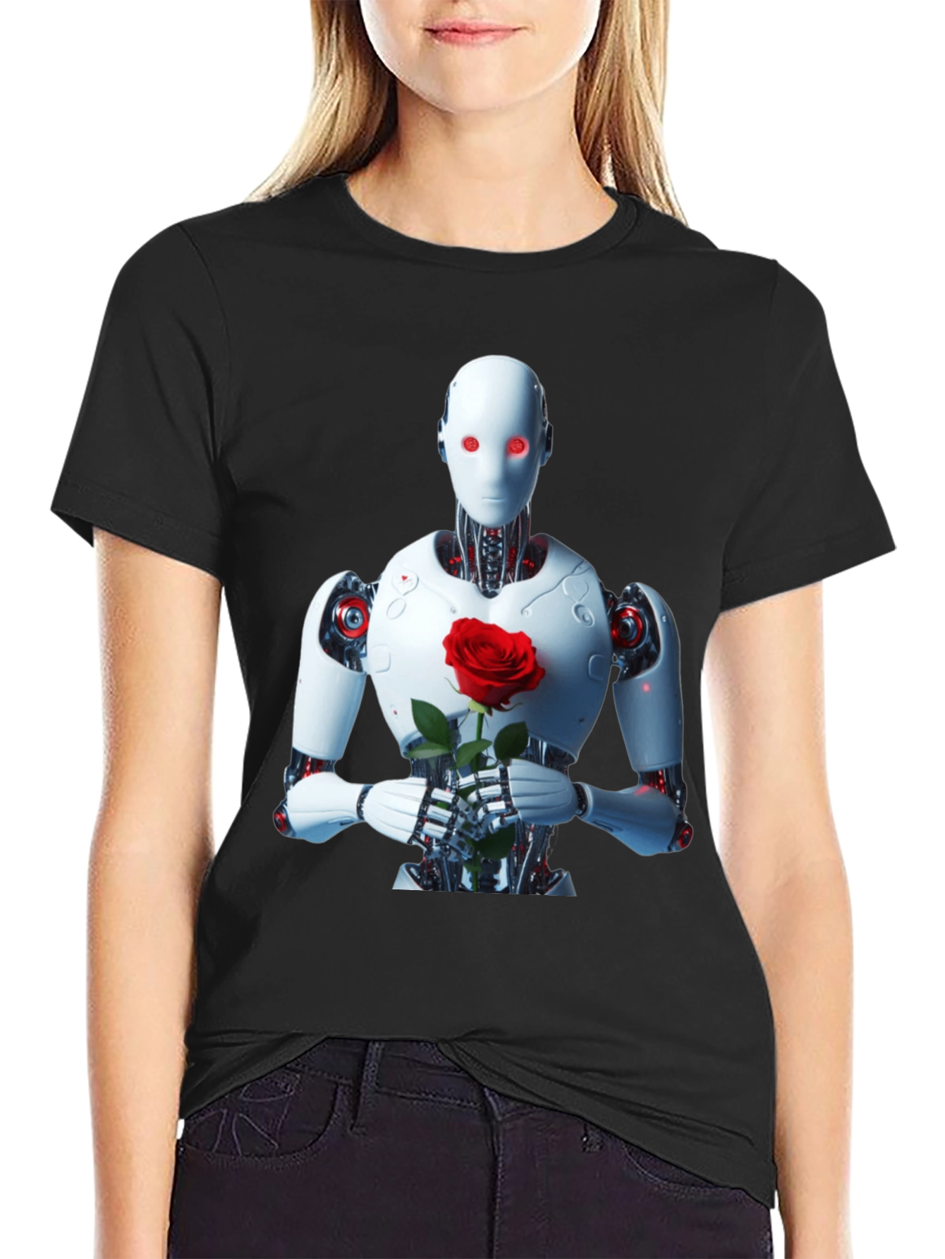 Robot with Rose Graphic Tee - Unique Black T-Shirt