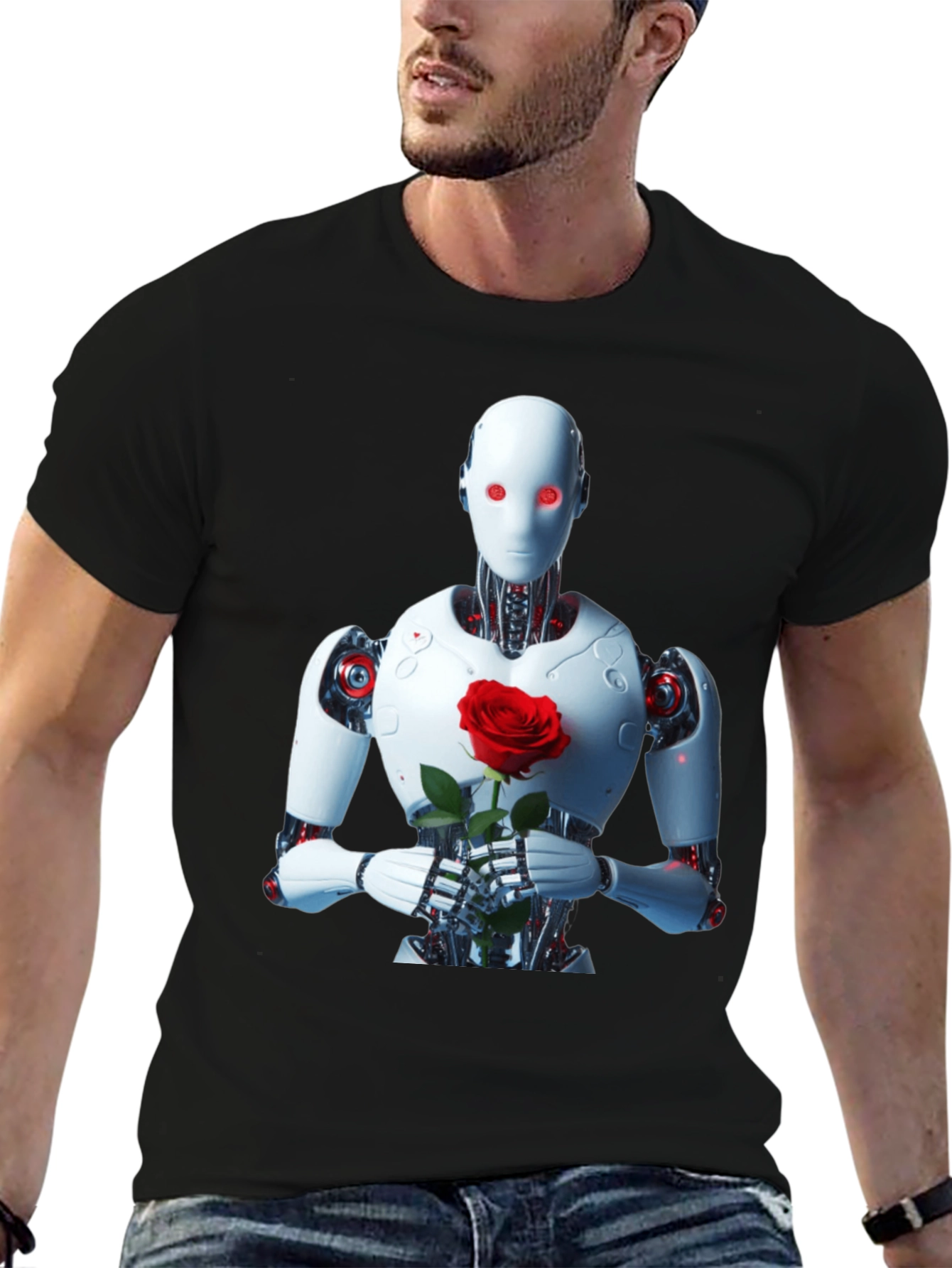 Robot with Rose Graphic Tee - Unique Black T-Shirt