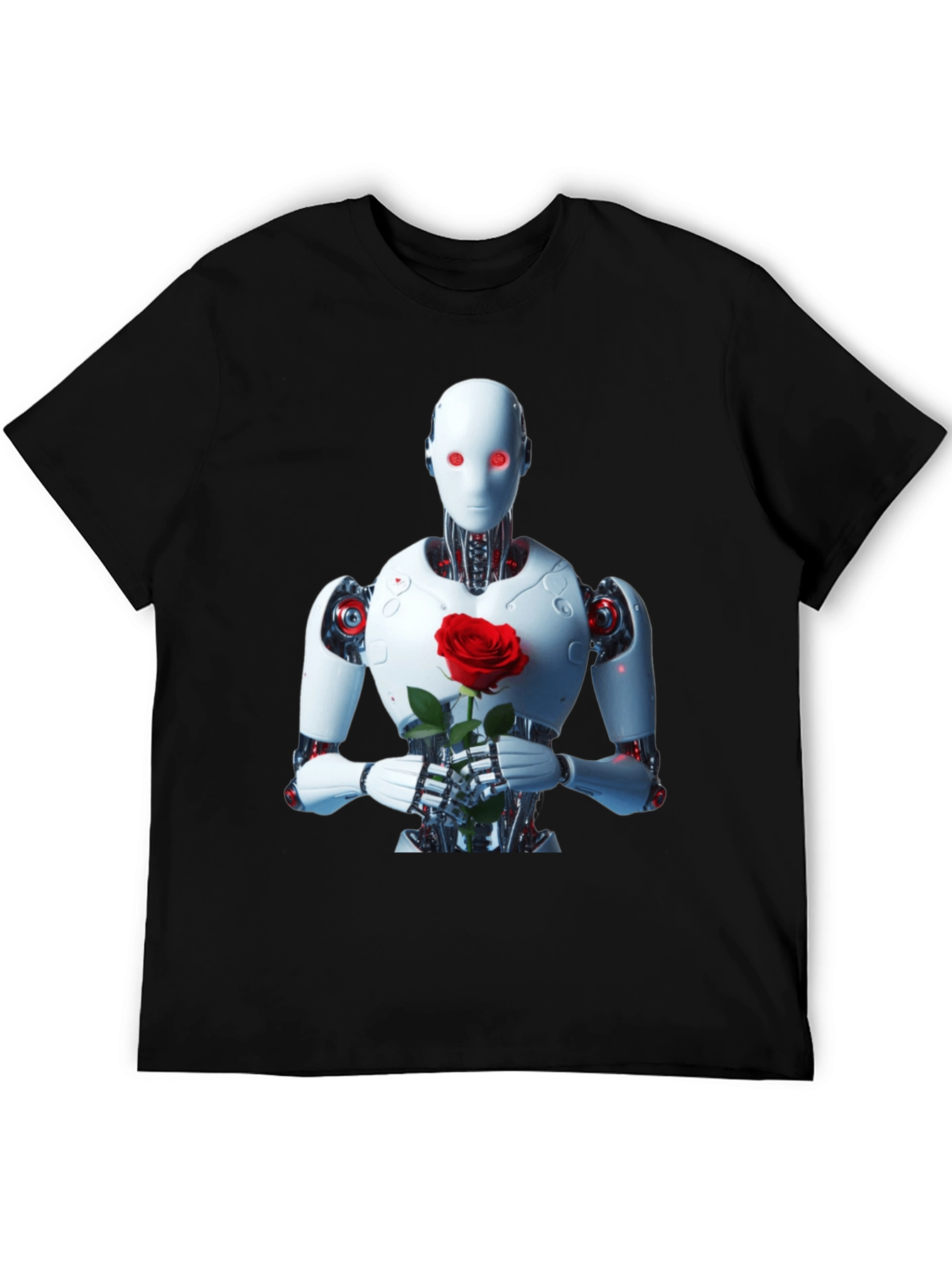 Robot with Rose Graphic Tee - Unique Black T-Shirt