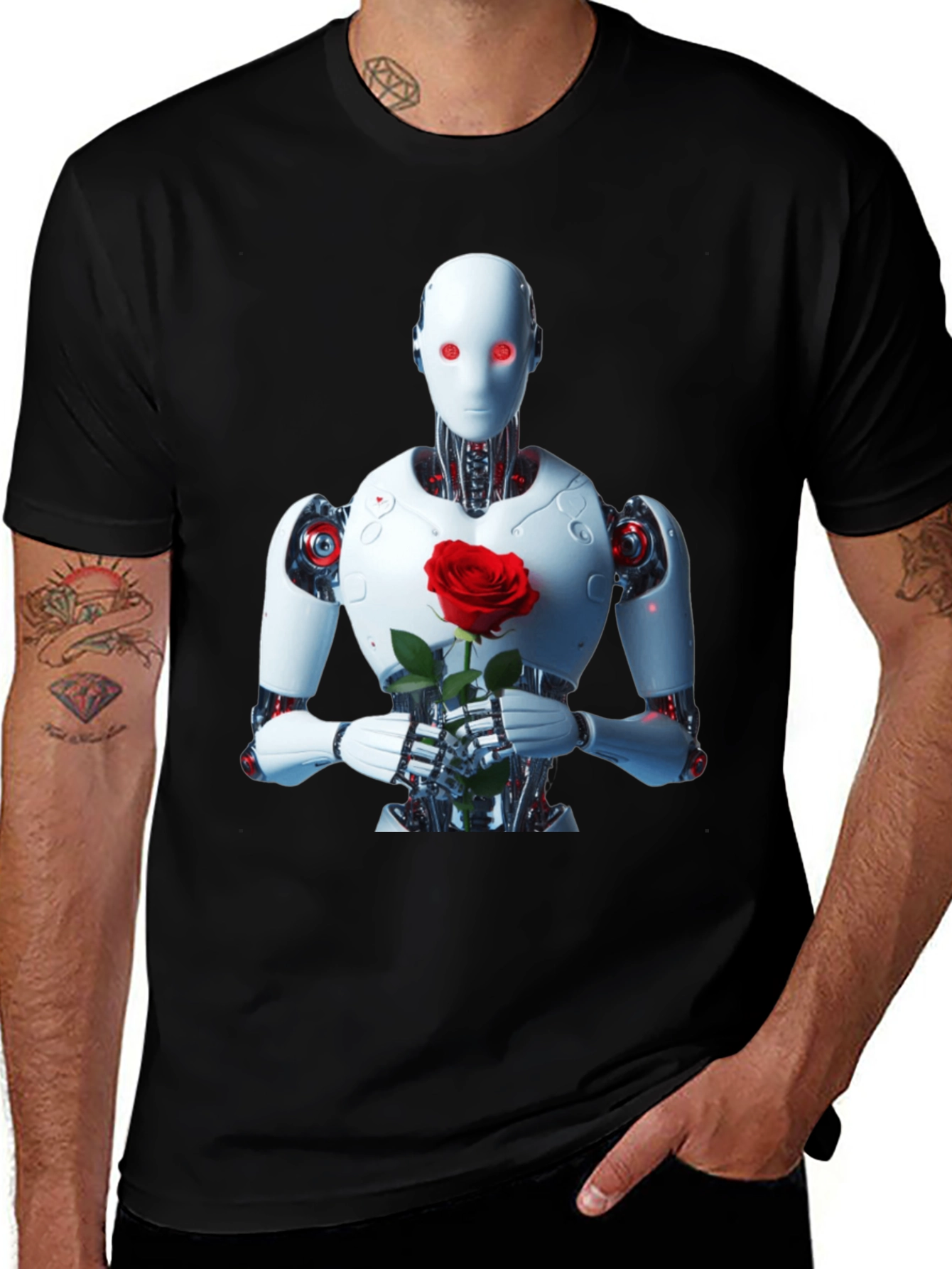 Robot with Rose Graphic Tee - Unique Black T-Shirt