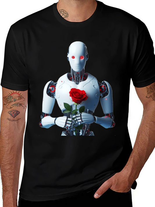 Robot with Rose Graphic Tee - Unique Black T-Shirt