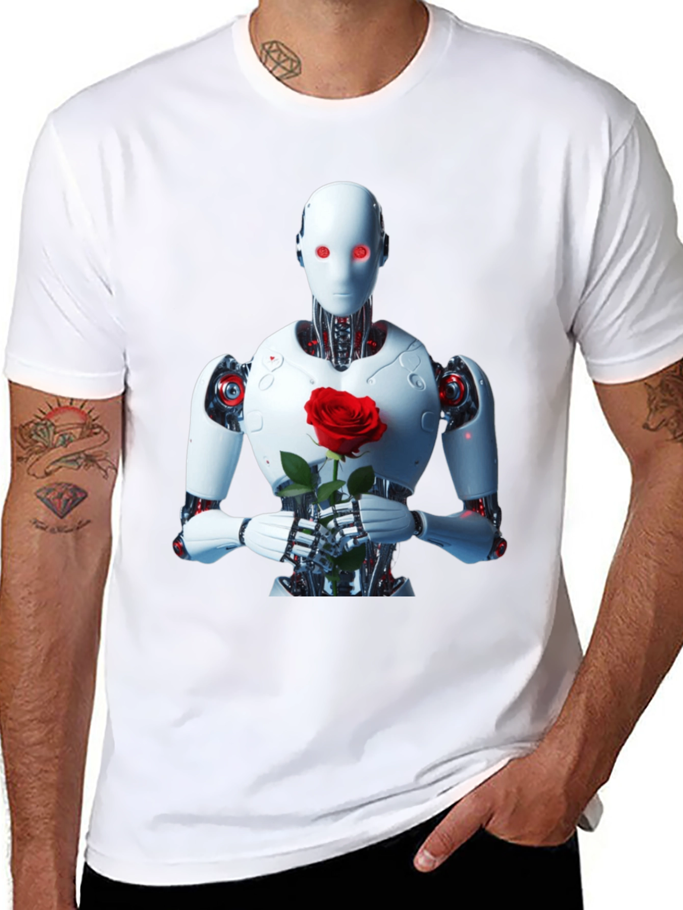 Robot with Rose Graphic Tee - Unique Black T-Shirt