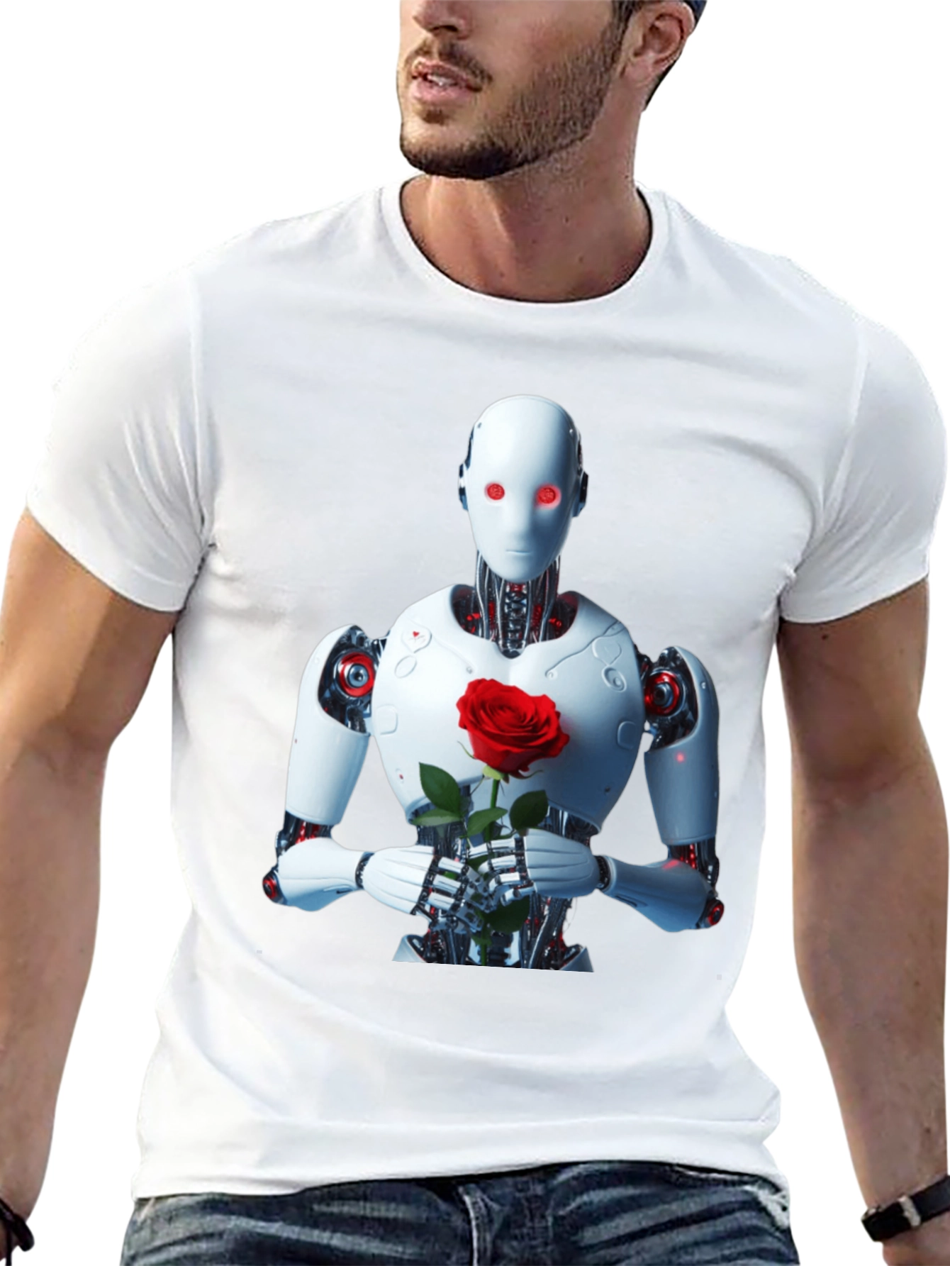 Robot with Rose Graphic Tee - Unique Black T-Shirt