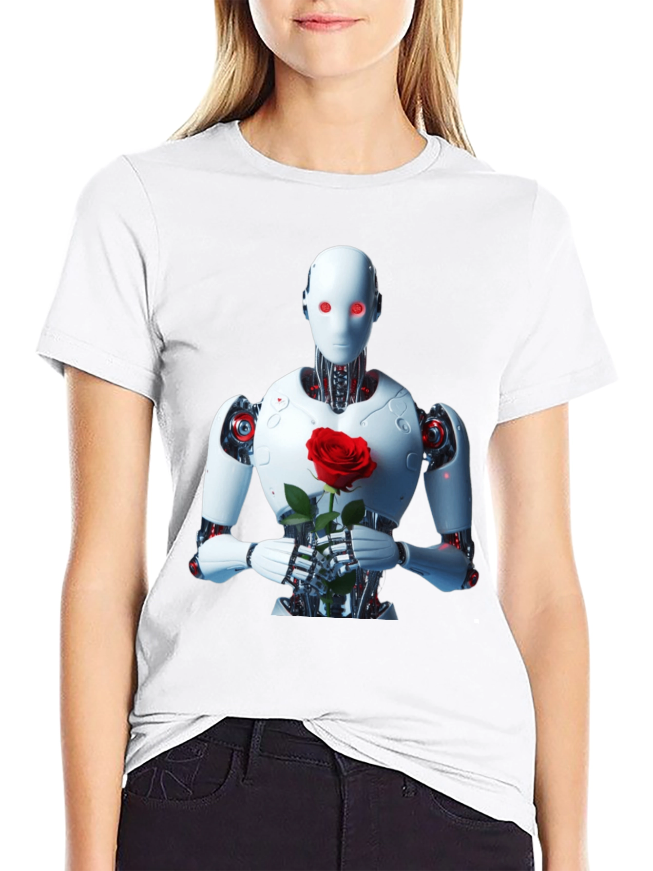 Robot with Rose Graphic Tee - Unique Black T-Shirt