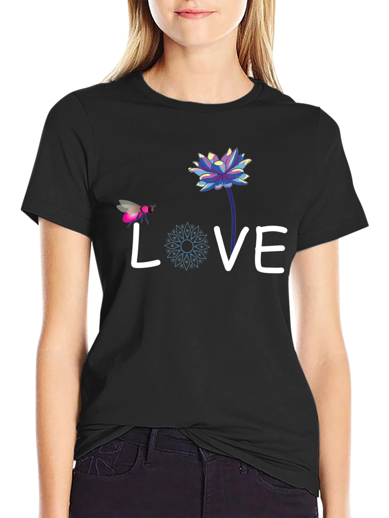 Love Bee Lotus Graphic Tee - Black Cotton