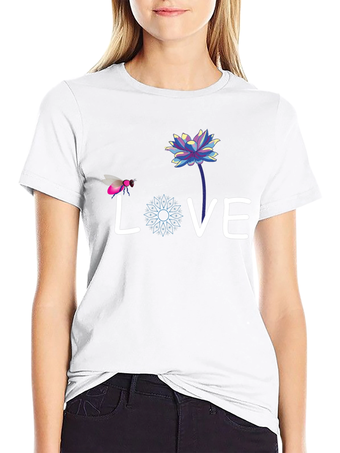 Love Bee Lotus Graphic Tee - Black Cotton