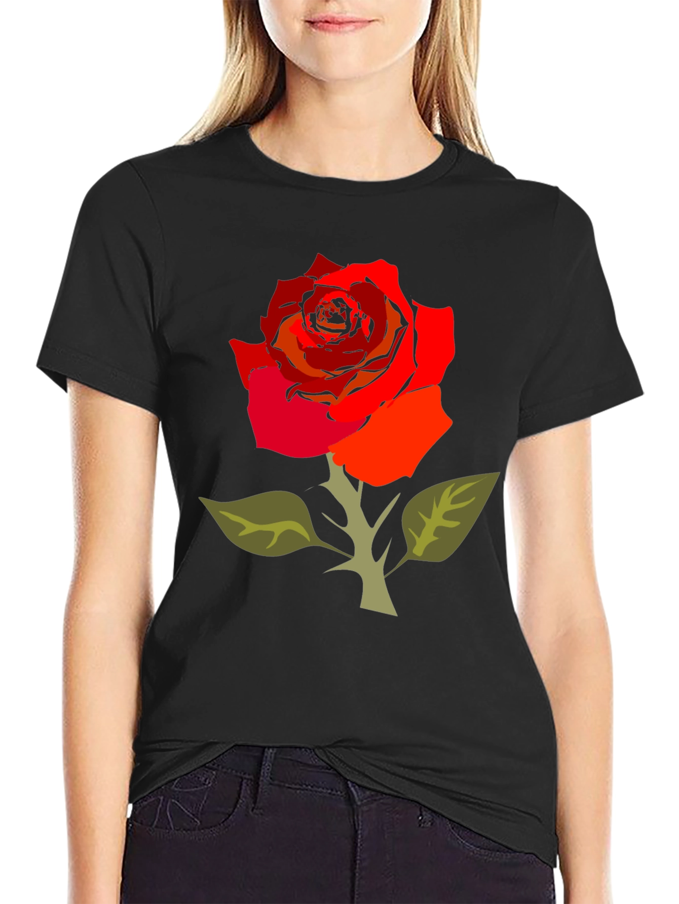 Bold Rose Graphic Tee - Black Cotton Blend