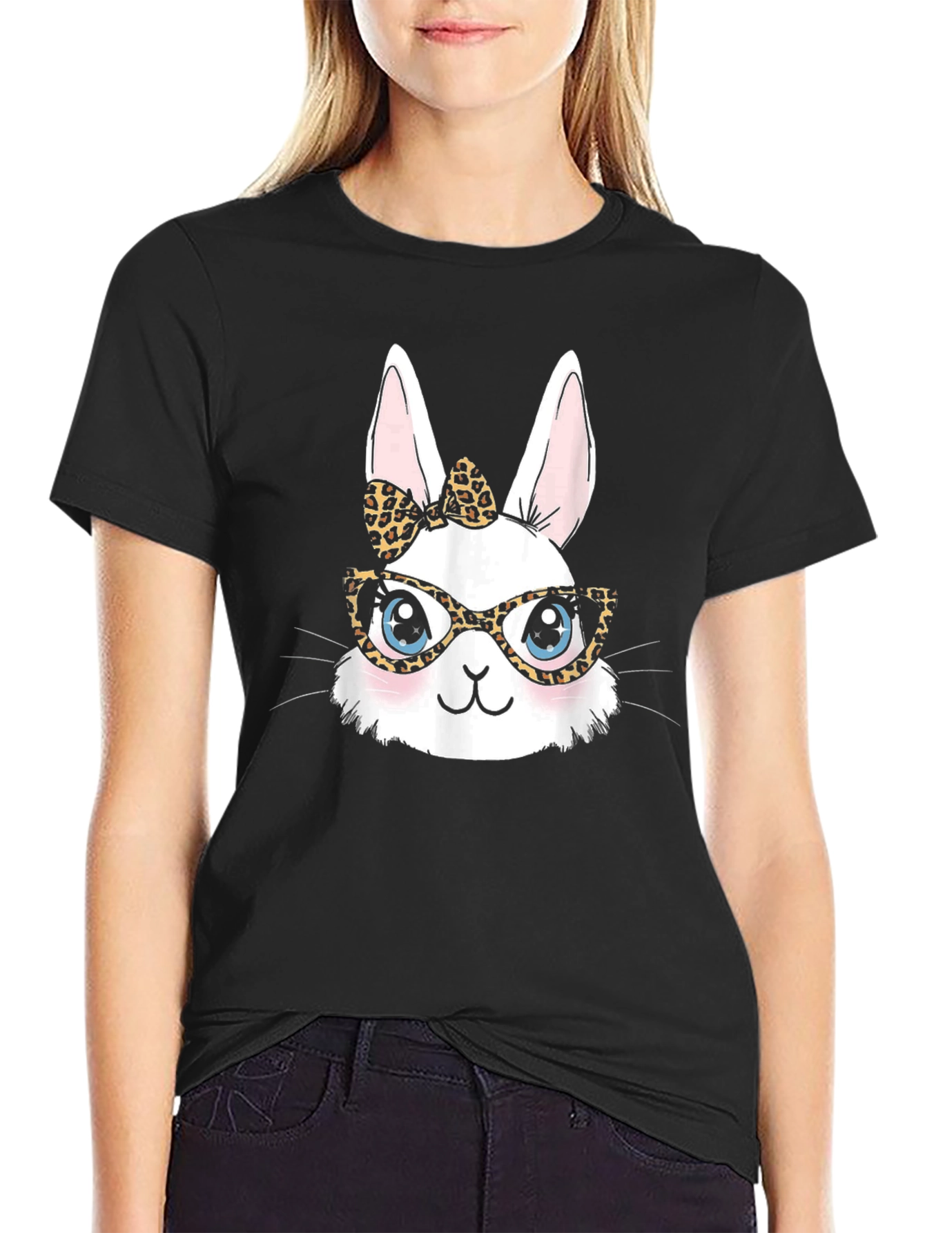 Bunny Leopard Print Bow & Glasses T-Shirt