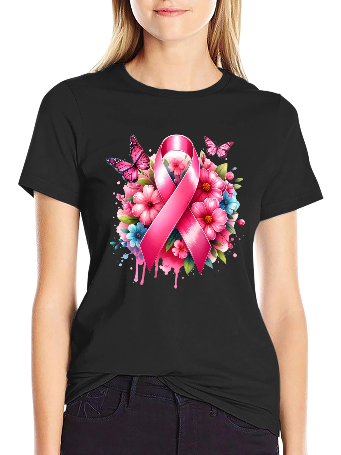 Breast Cancer Awareness Ribbon Floral T-Shirt