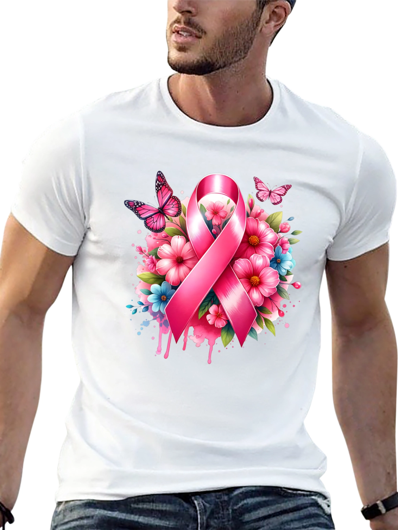 Breast Cancer Awareness Ribbon Floral T-Shirt