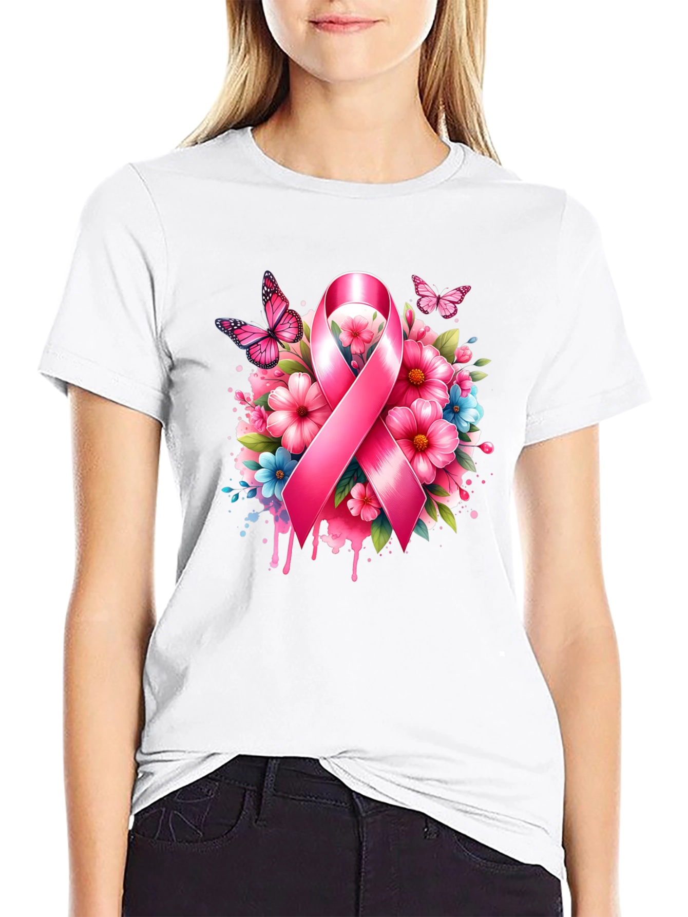 Breast Cancer Awareness Ribbon Floral T-Shirt