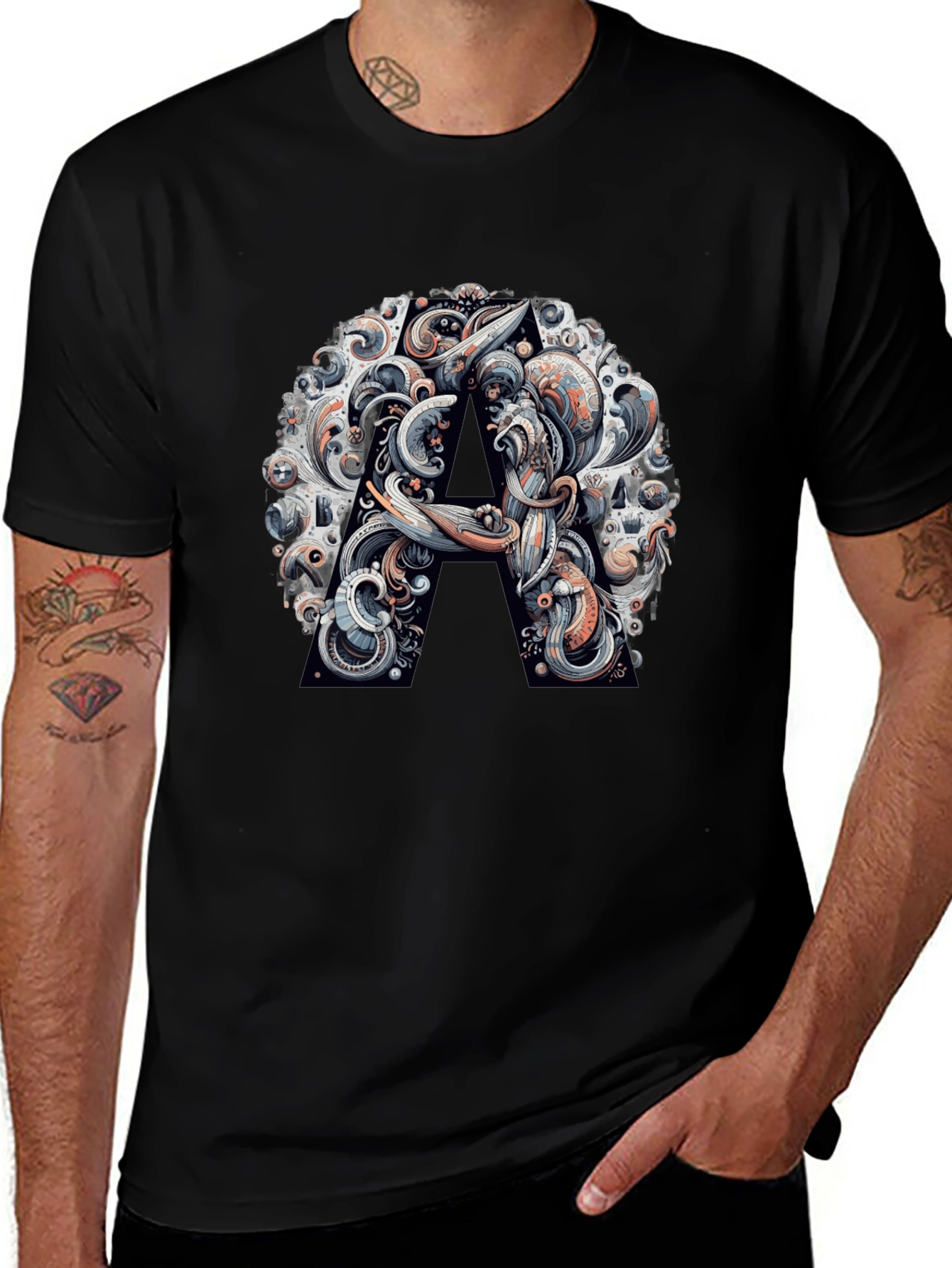 Abstract Letter A Graphic Black T-Shirt