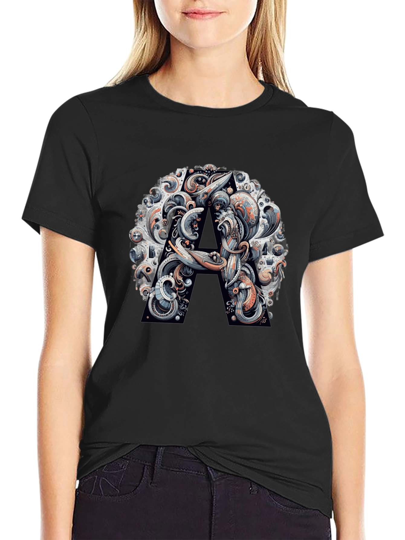 Abstract Letter A Graphic Black T-Shirt