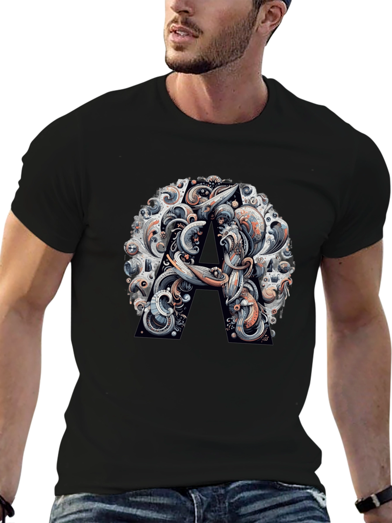 Abstract Letter A Graphic Black T-Shirt