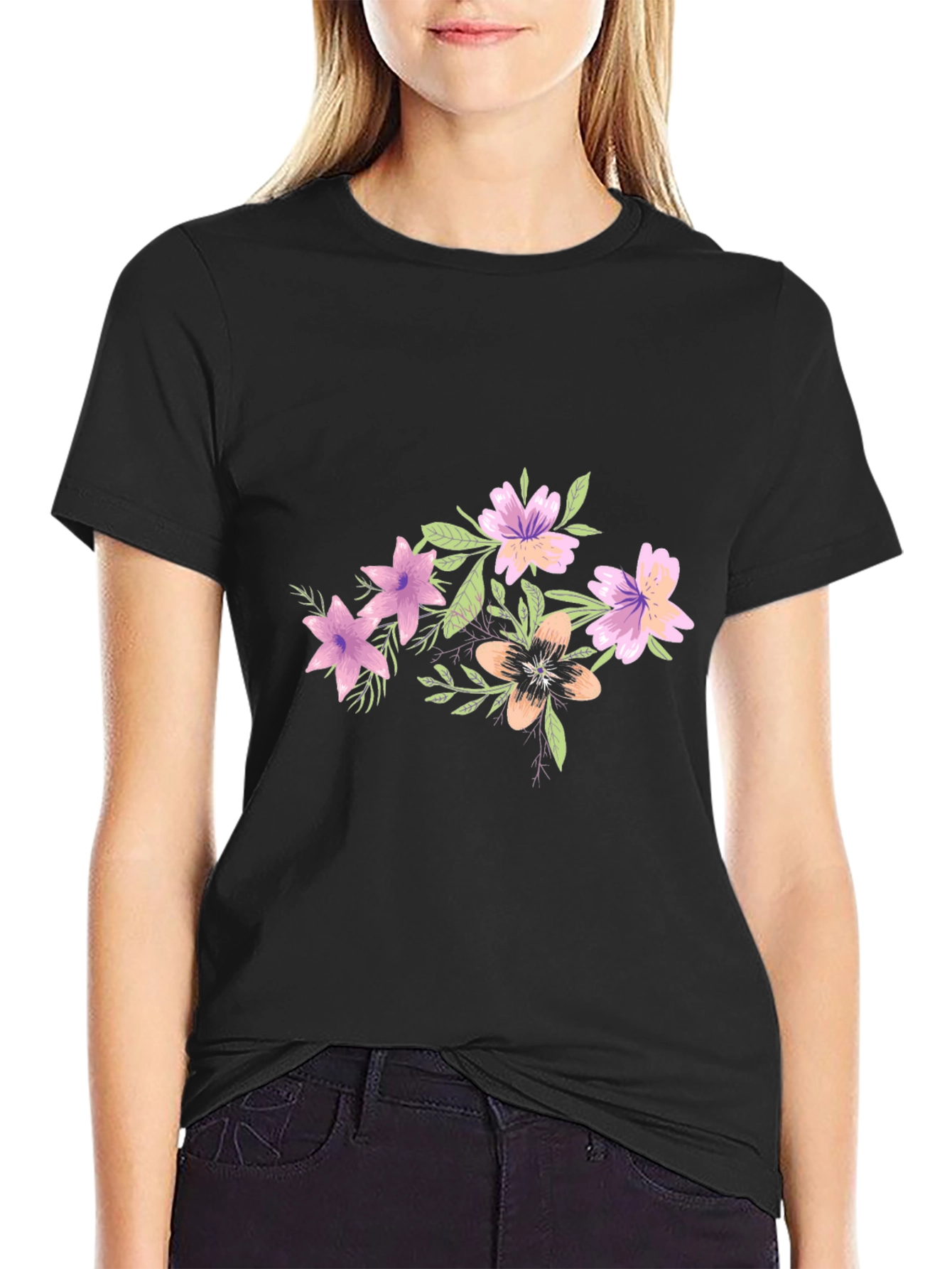 Floral Graphic Tee - Black Cotton Blend