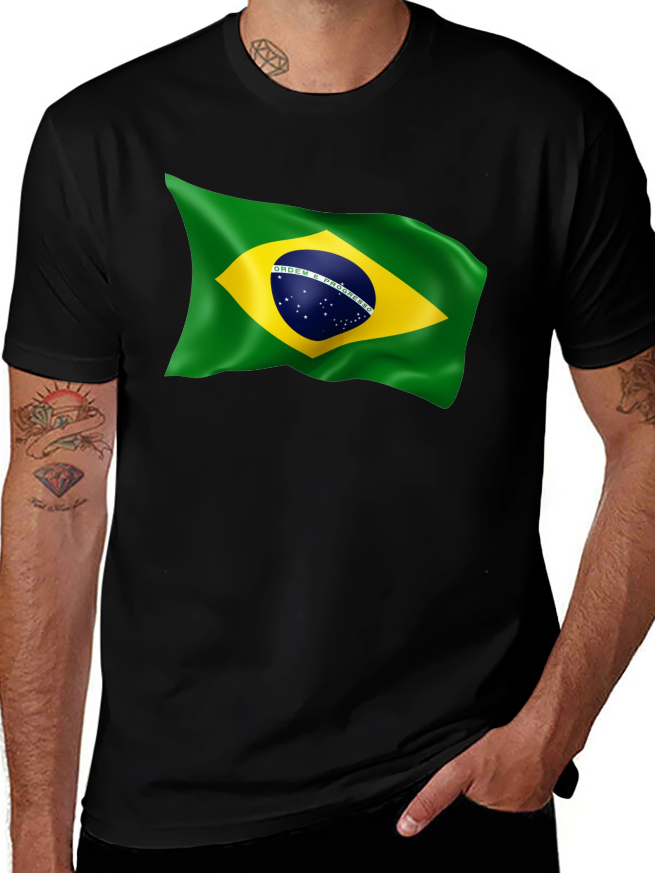 Brazilian Flag Graphic T-Shirt - Black Crew Neck Tee