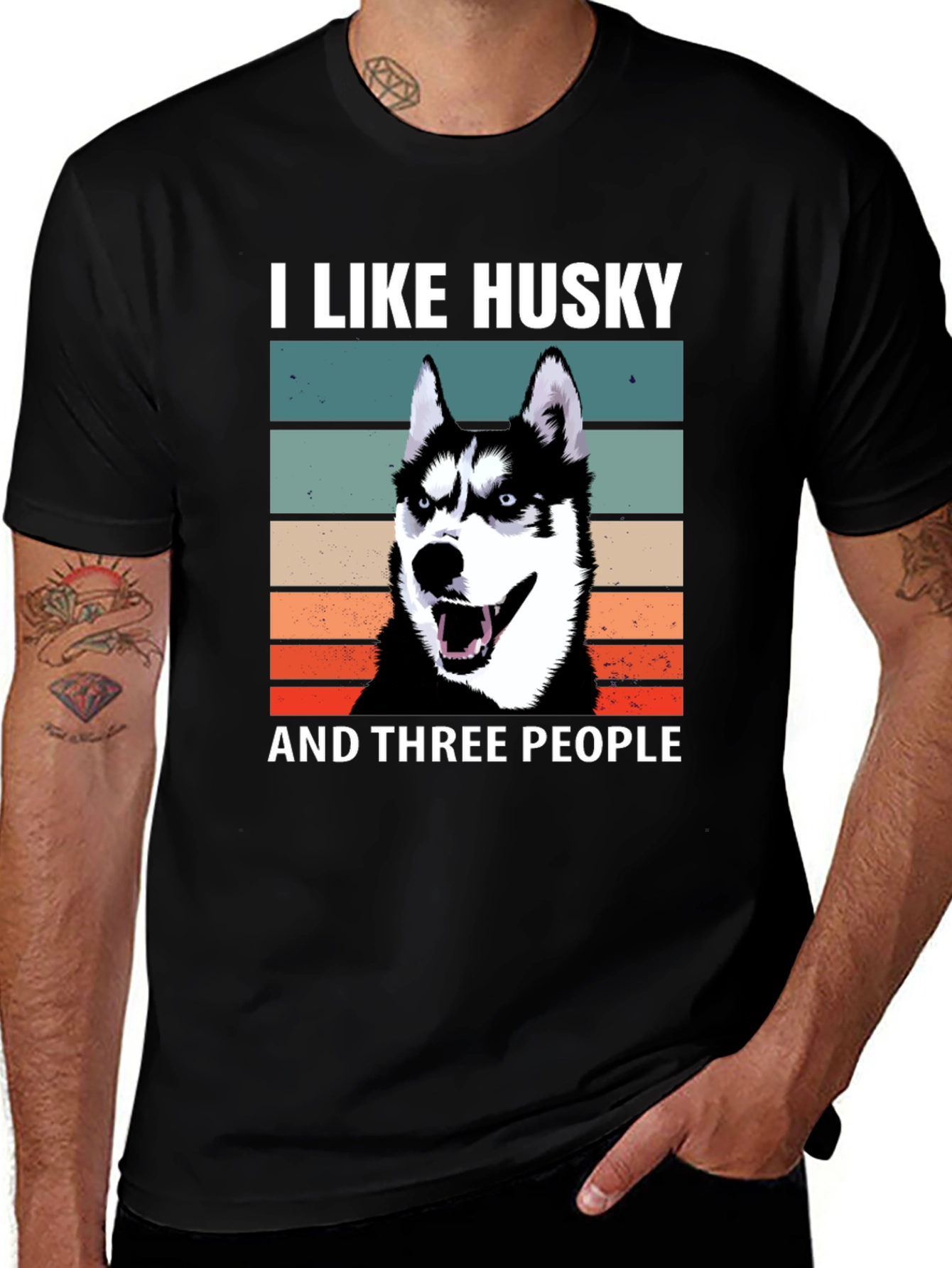 I Like Husky And Three People Black T-Shirt