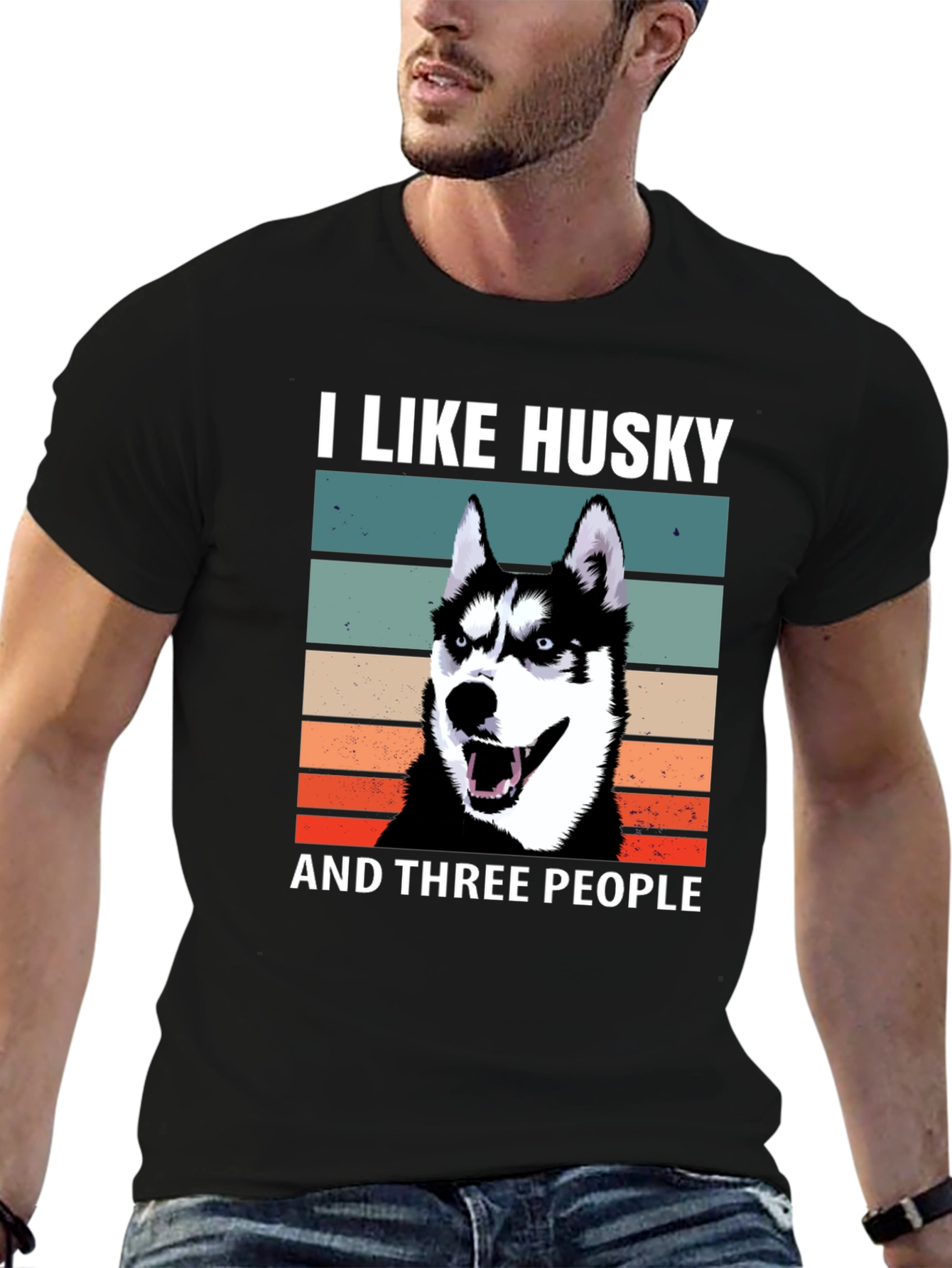 I Like Husky And Three People Black T-Shirt
