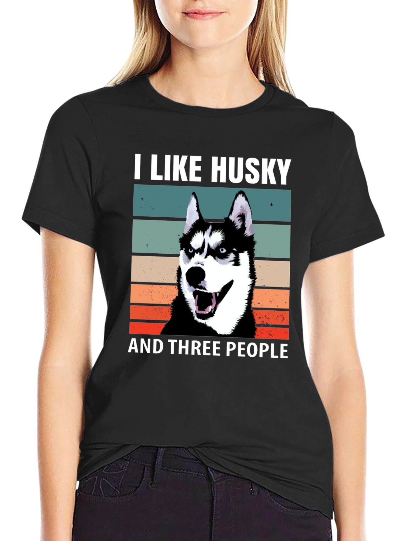 I Like Husky And Three People Black T-Shirt