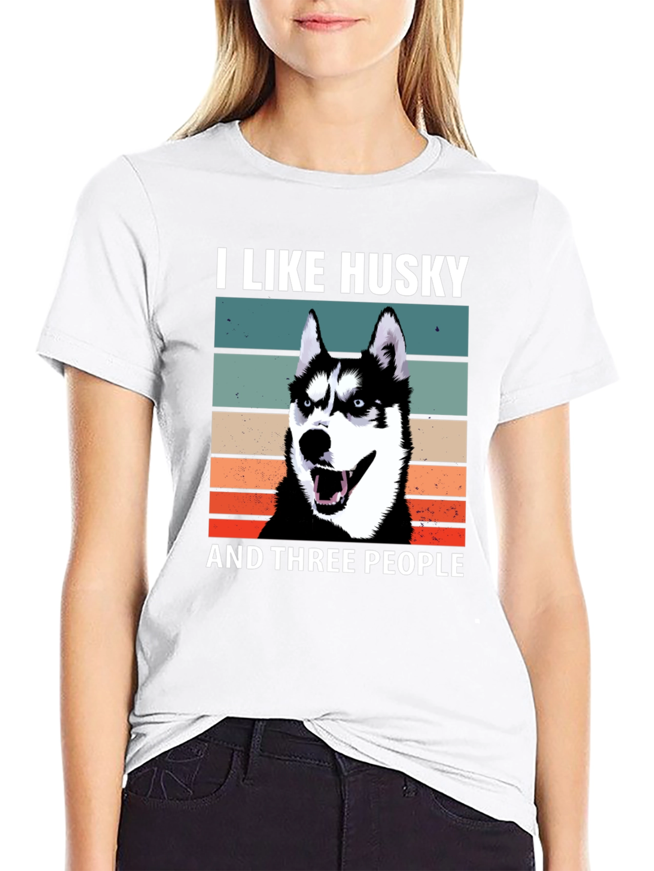 I Like Husky And Three People Black T-Shirt