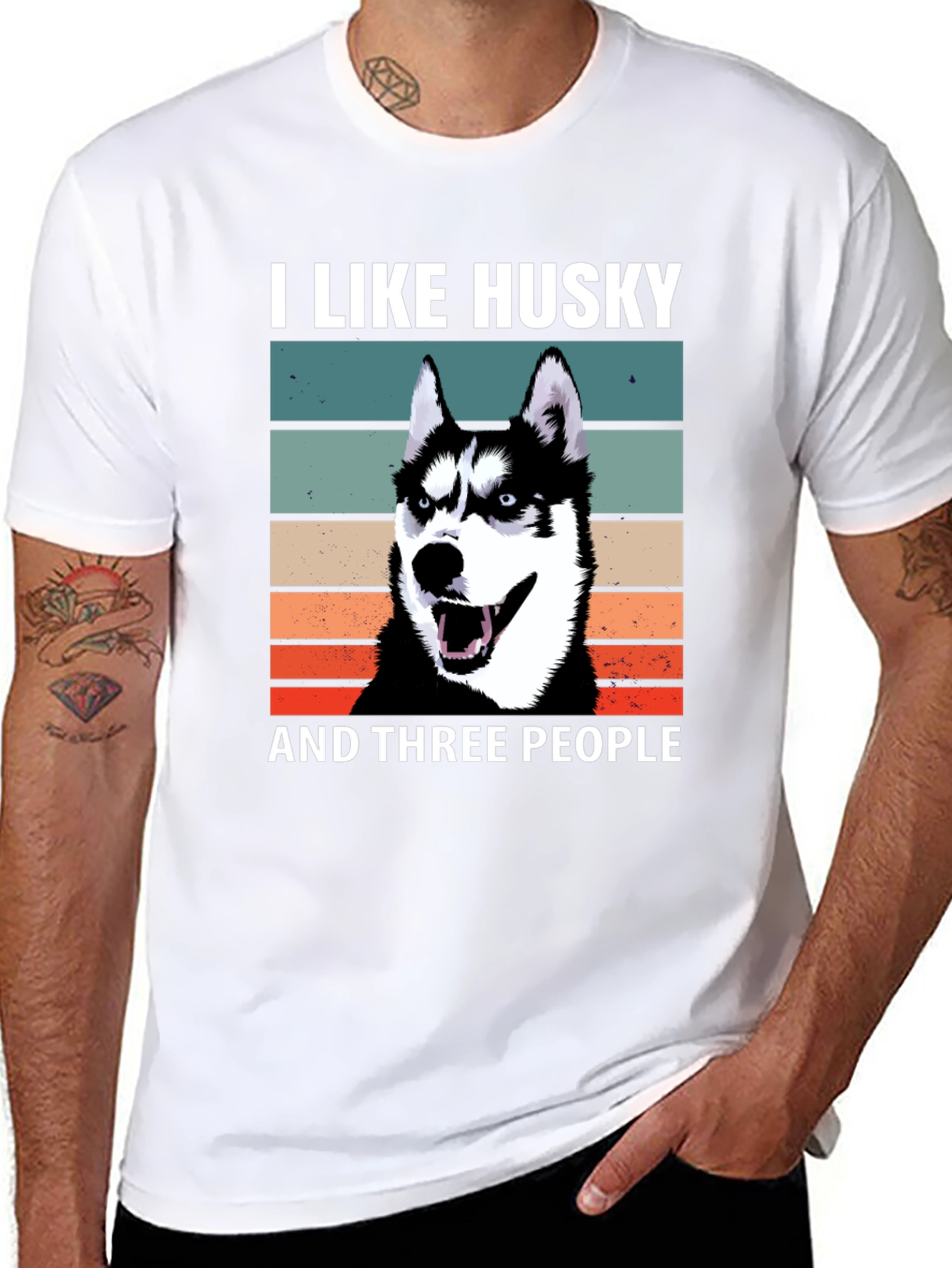 I Like Husky And Three People Black T-Shirt
