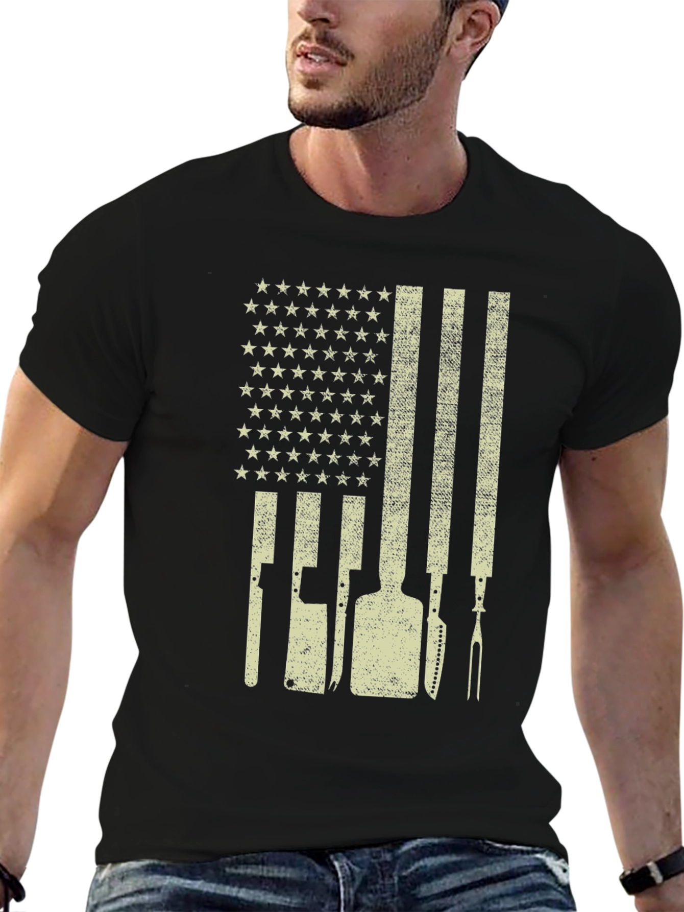 Patriotic Butcher T-Shirt - American Flag Culinary Design