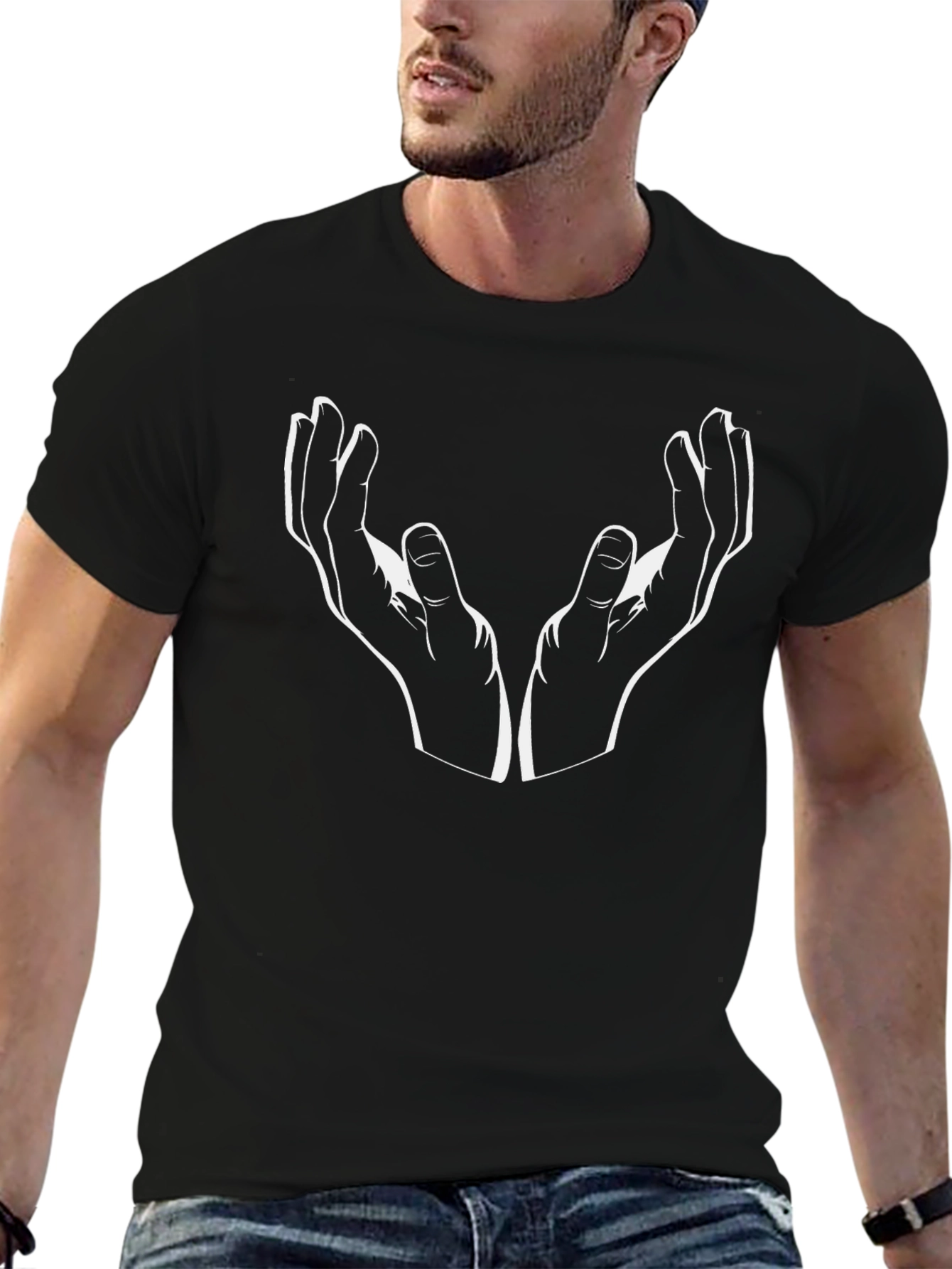 Black T-Shirt with White Hands Graphic