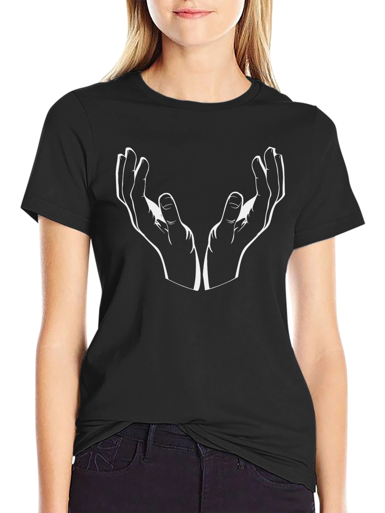 Black T-Shirt with White Hands Graphic