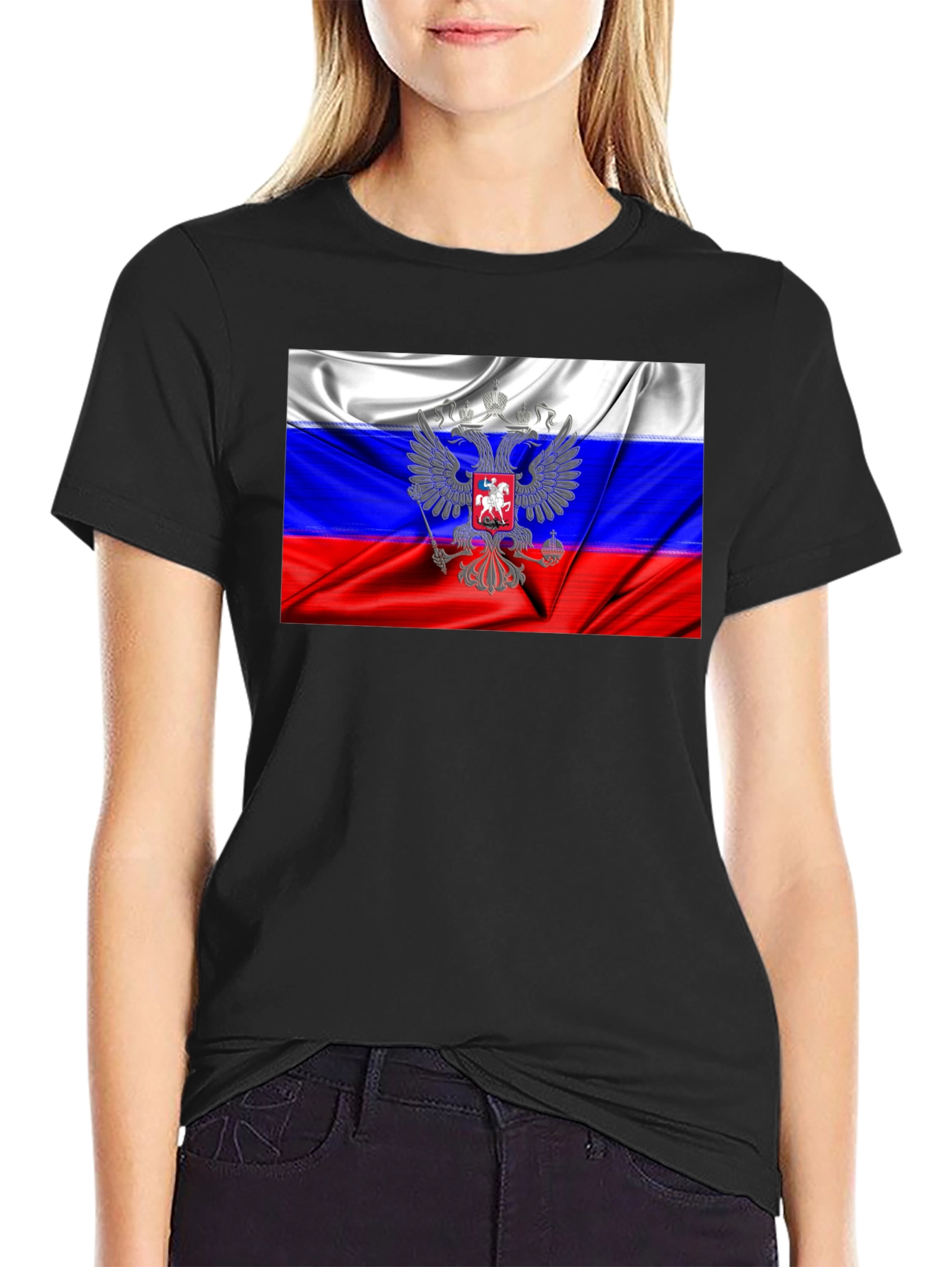 Russia Flag Graphic Tee - Black Cotton T-Shirt