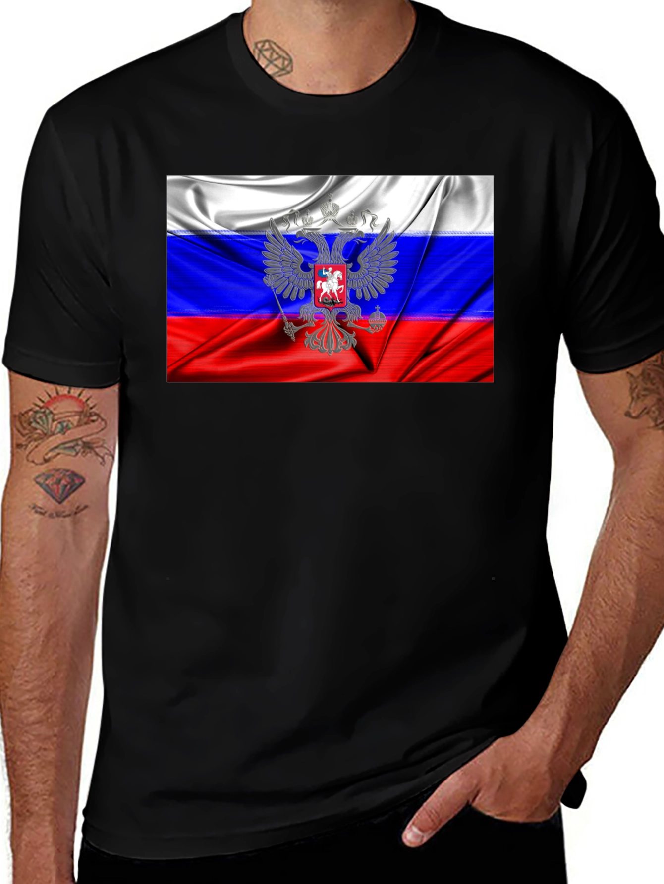Russia Flag Graphic Tee - Black Cotton T-Shirt
