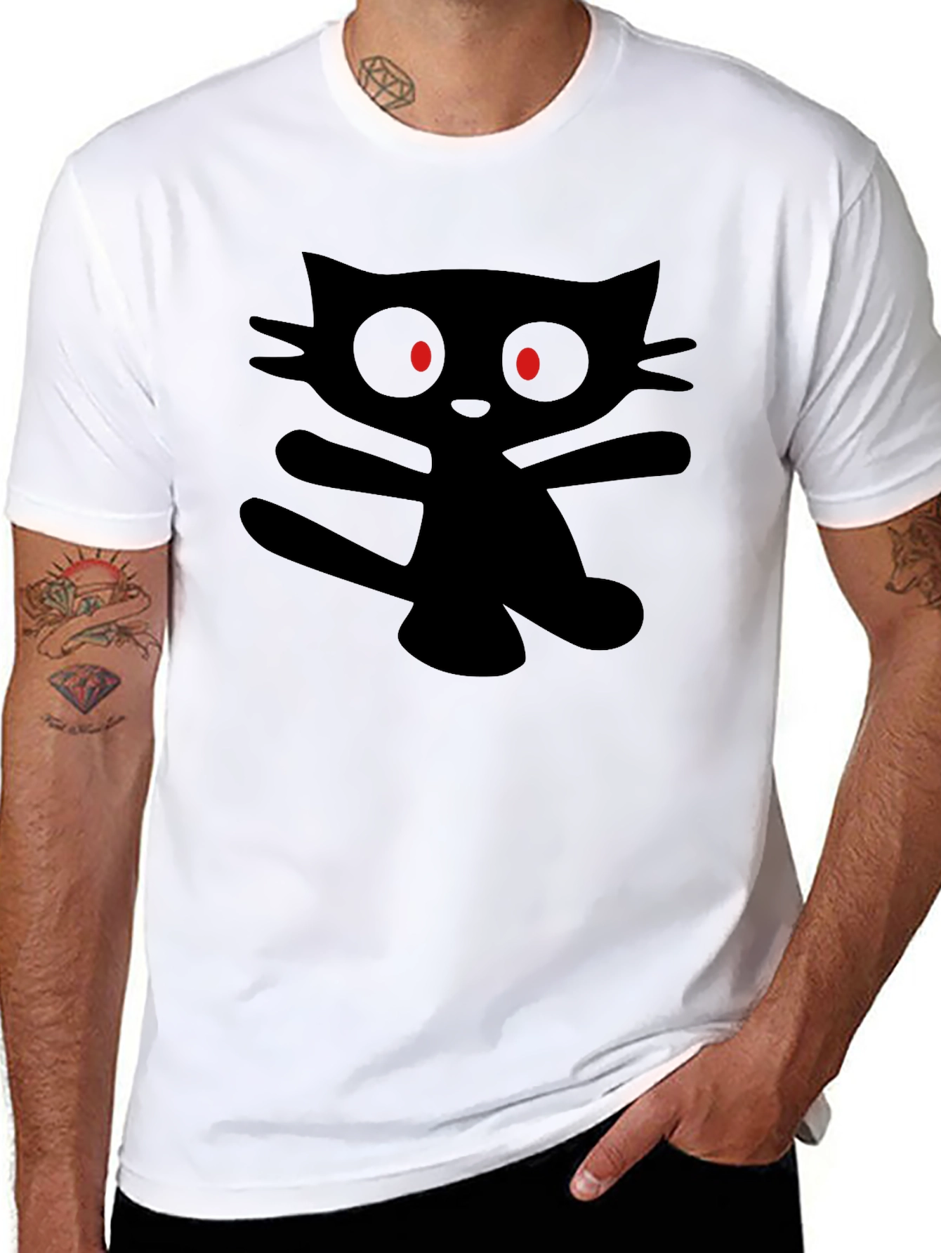 Mens Black T-Shirt with Cartoon Cat Graphic