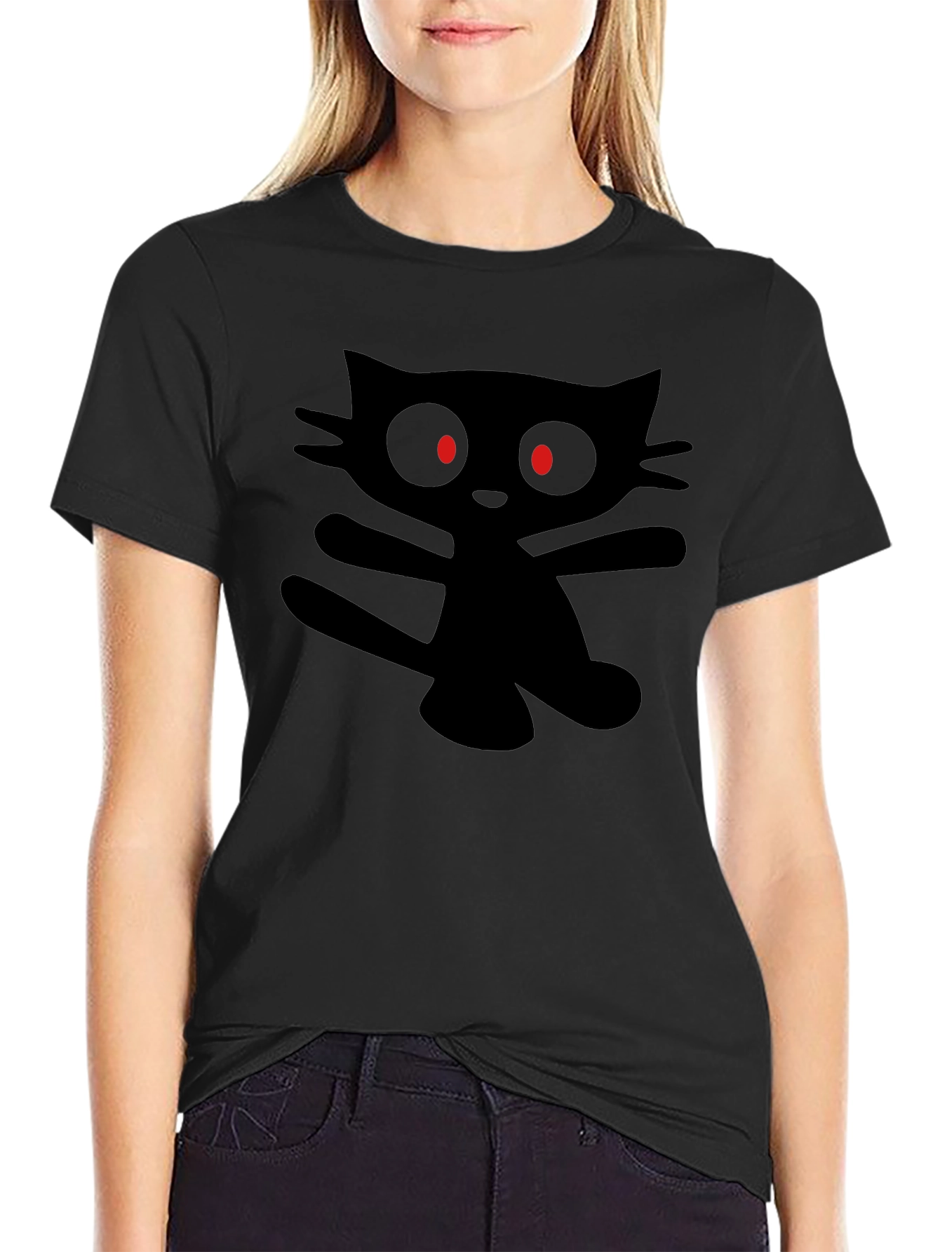 Mens Black T-Shirt with Cartoon Cat Graphic