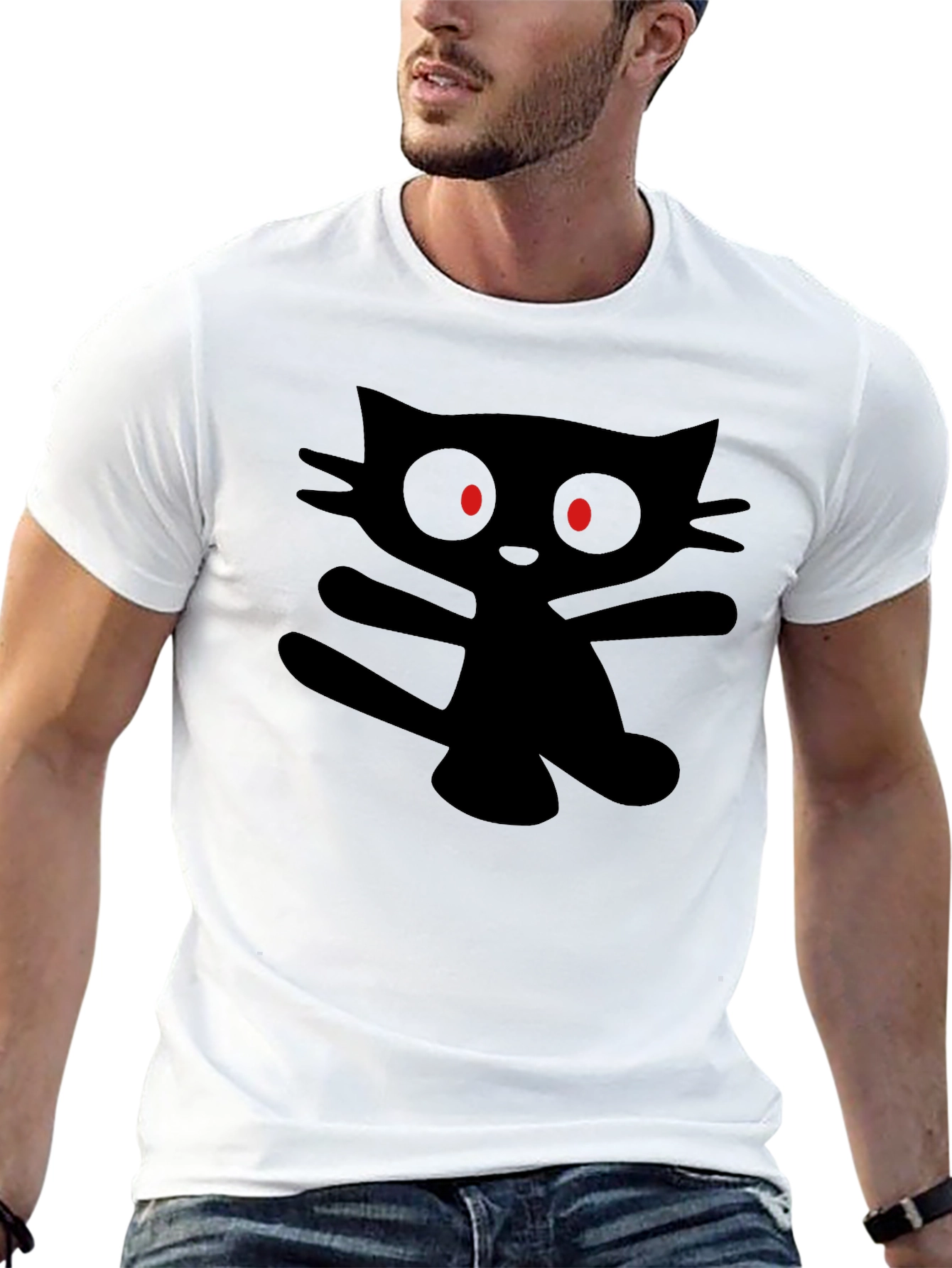 Mens Black T-Shirt with Cartoon Cat Graphic