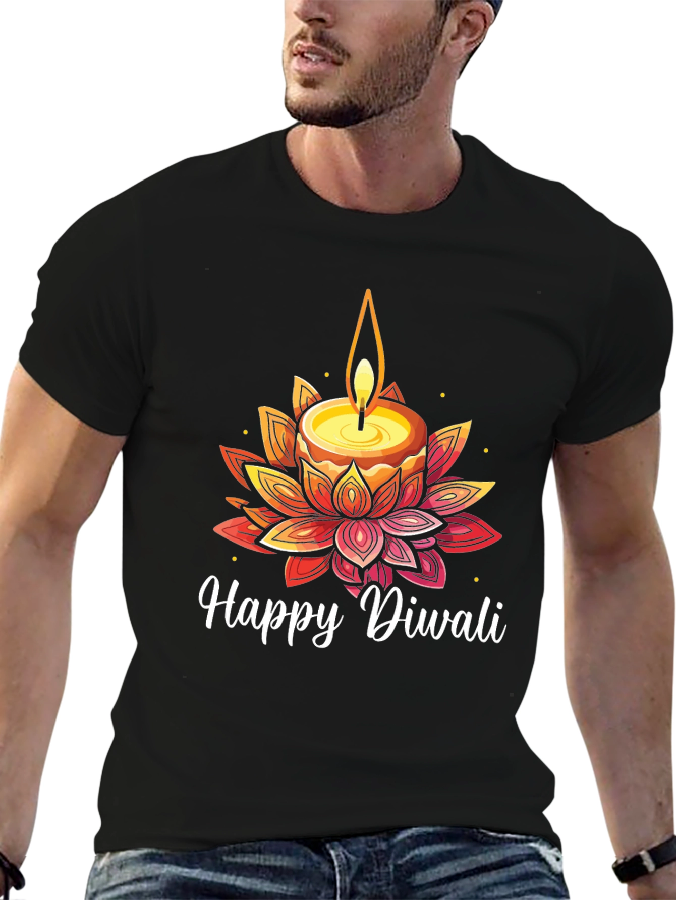 Happy Diwali T-Shirt with Candle and Lotus Design
