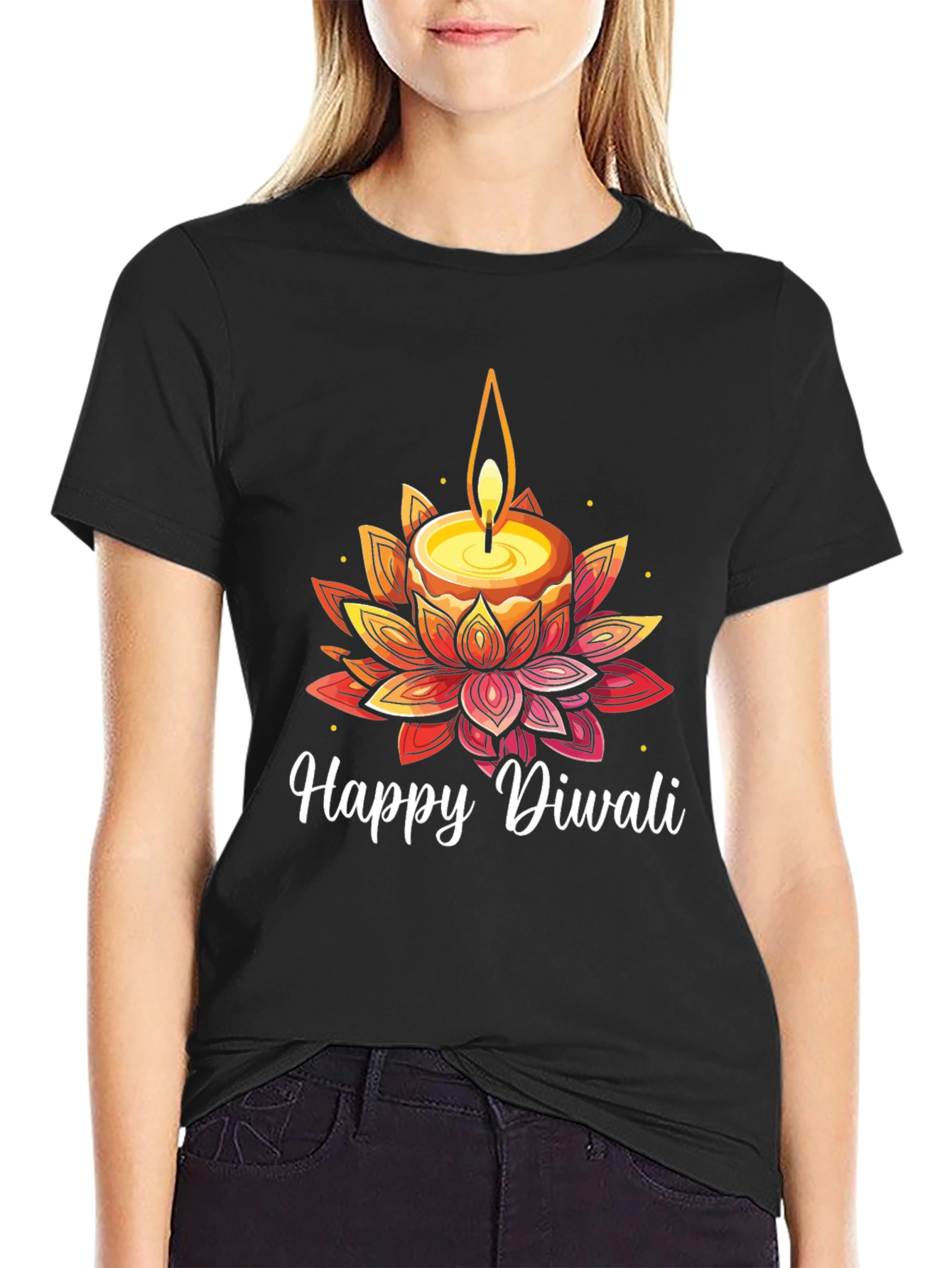 Happy Diwali T-Shirt with Candle and Lotus Design