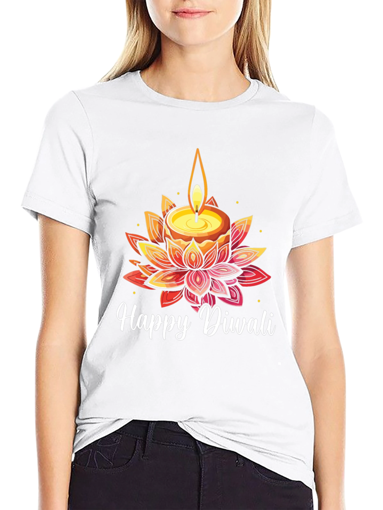 Happy Diwali T-Shirt with Candle and Lotus Design