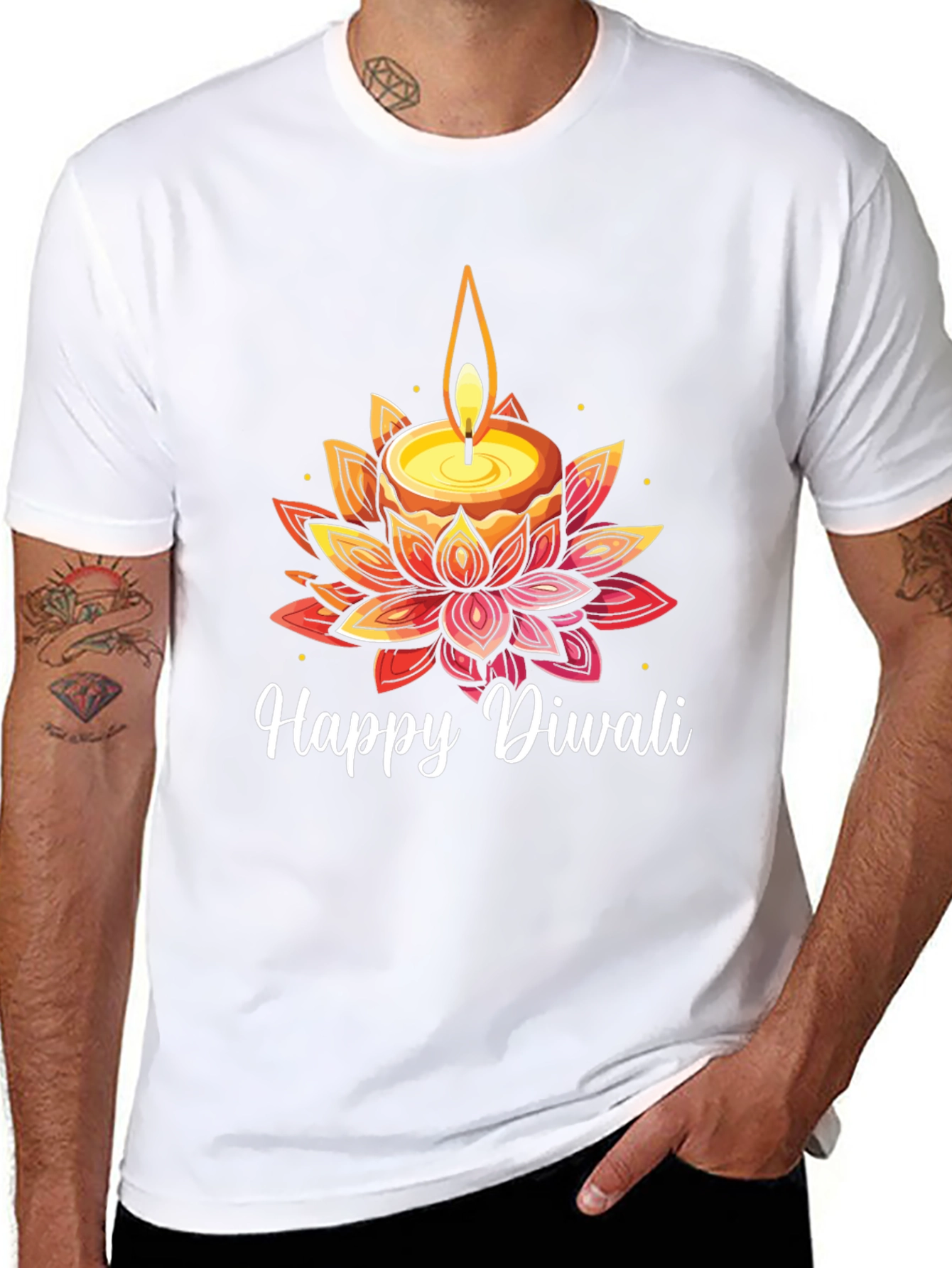 Happy Diwali T-Shirt with Candle and Lotus Design