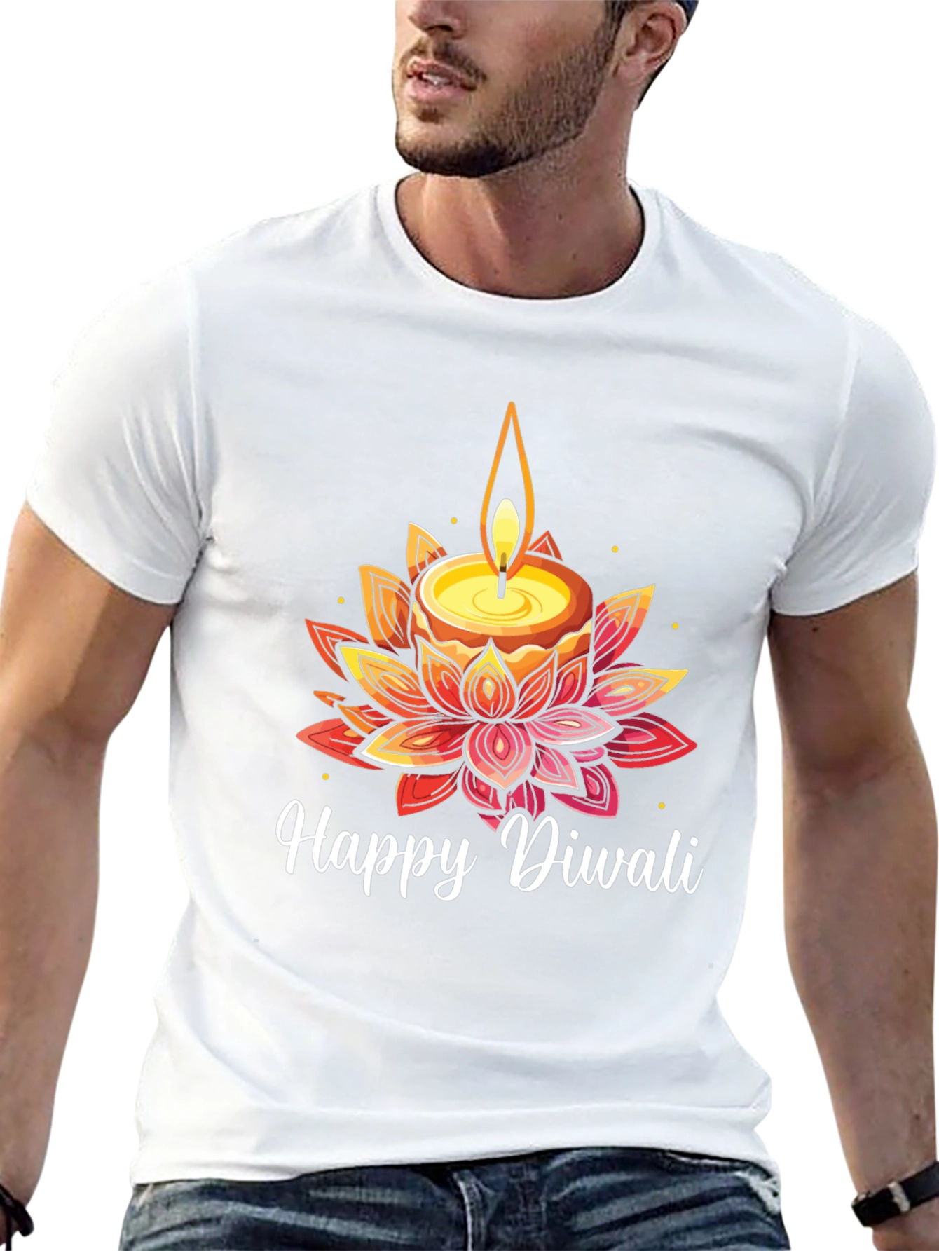 Happy Diwali T-Shirt with Candle and Lotus Design