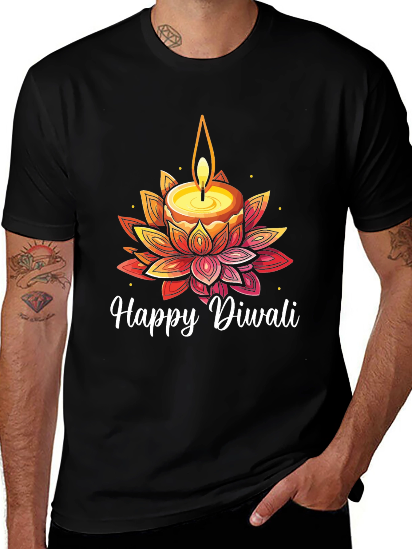 Happy Diwali T-Shirt with Candle and Lotus Design