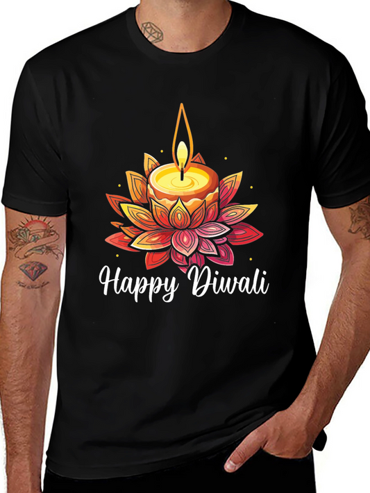 Happy Diwali T-Shirt with Candle and Lotus Design