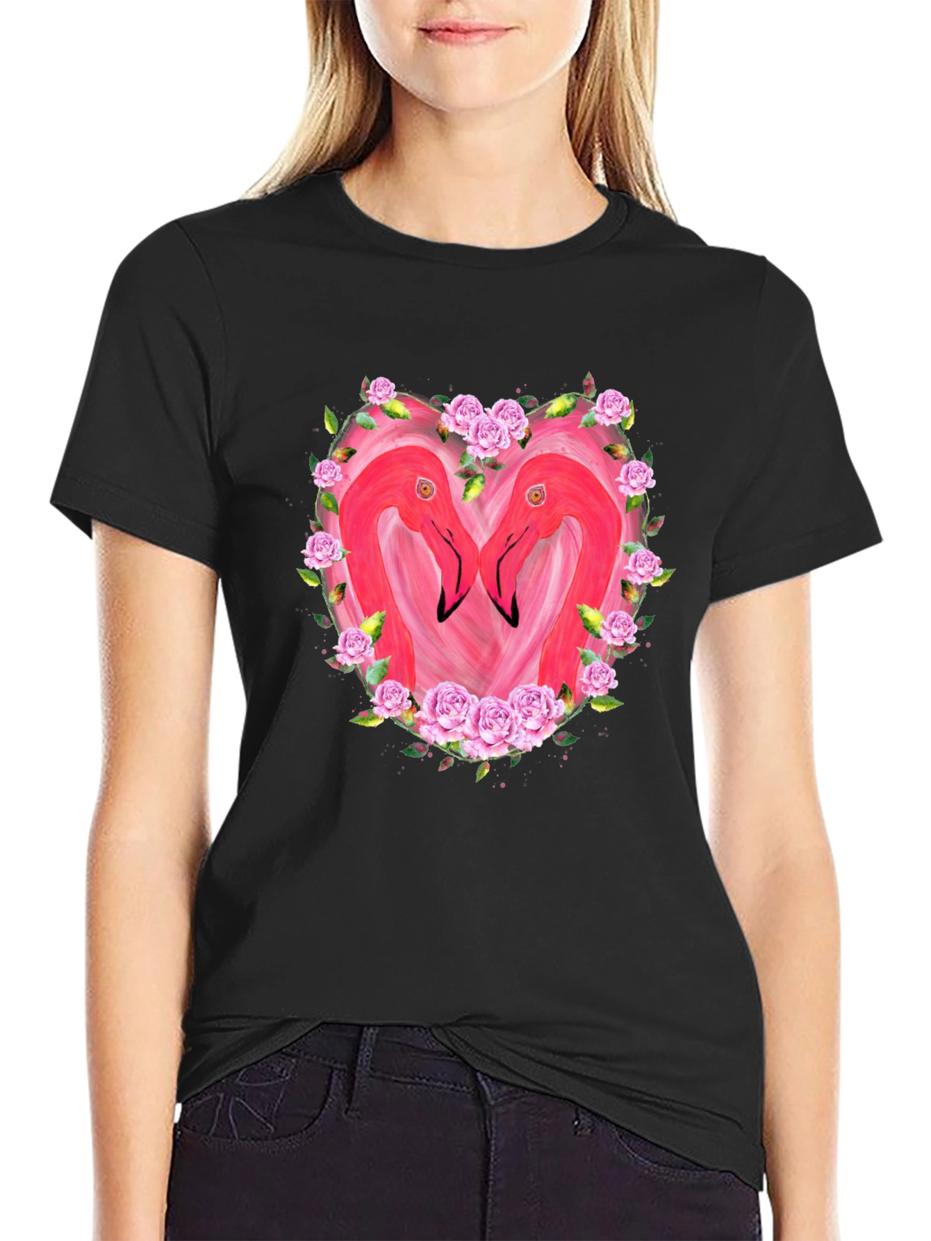 Flamingo Heart Graphic T-Shirt - Black