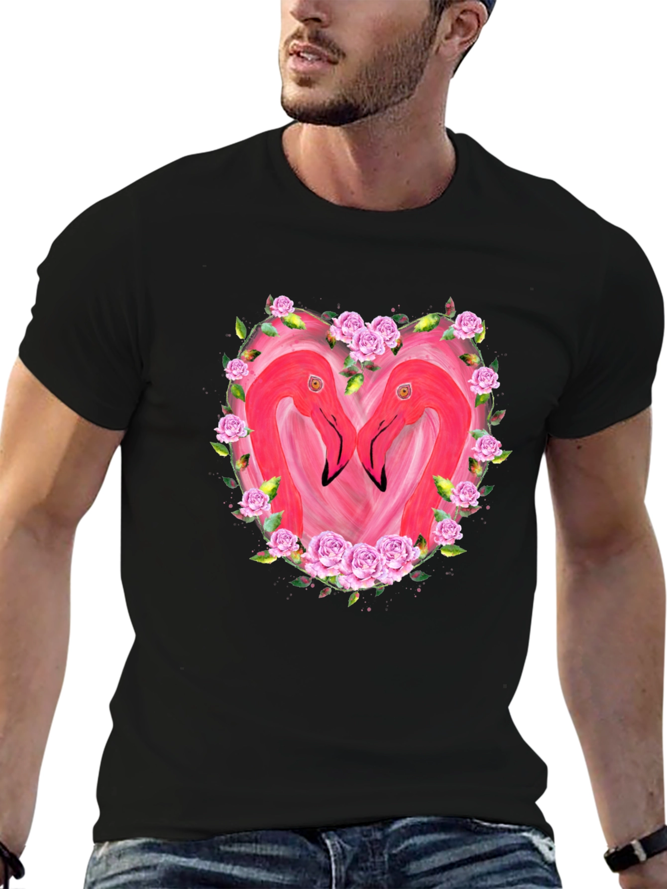 Flamingo Heart Graphic T-Shirt - Black