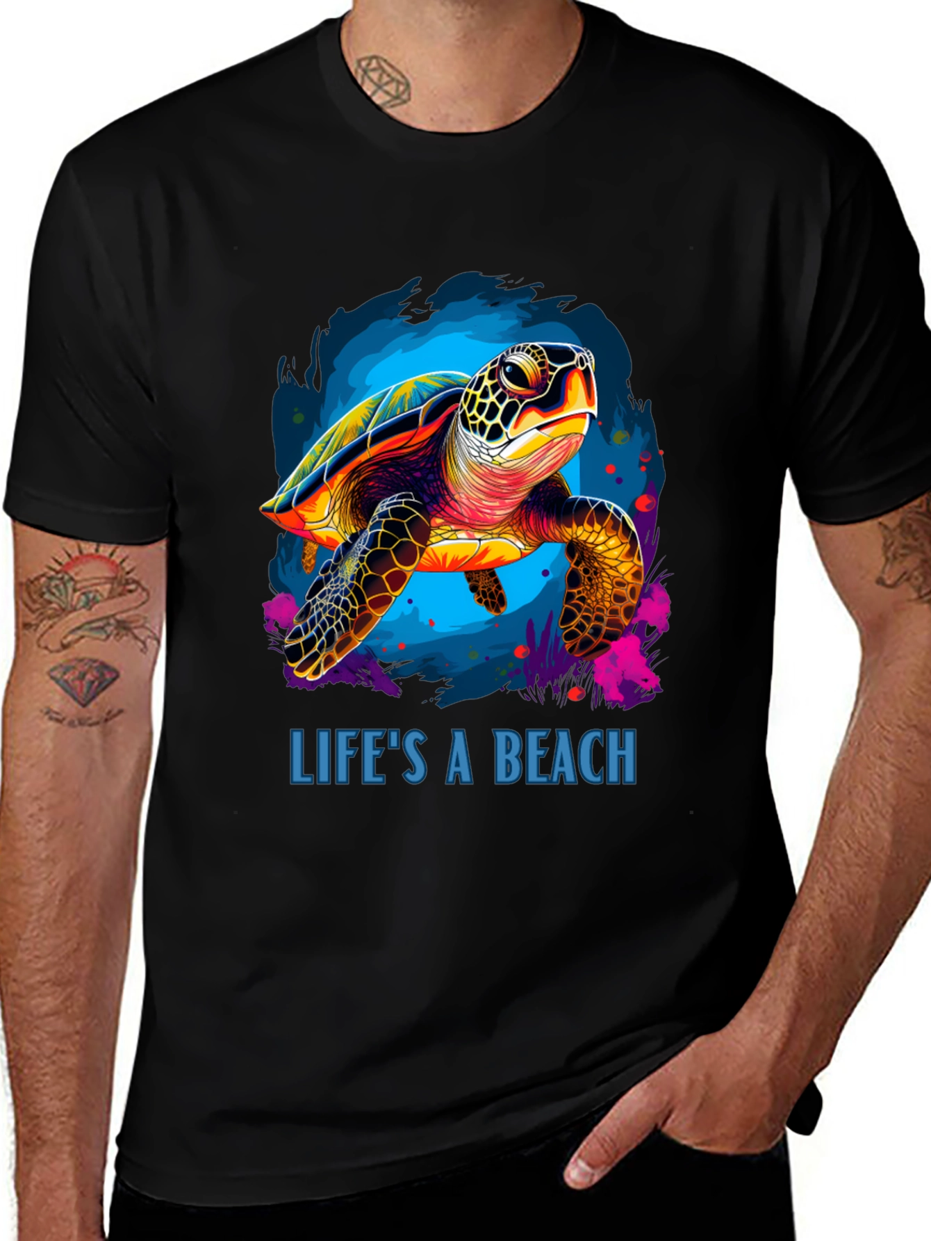 Lifes A Beach Turtle Graphic Tee - Black