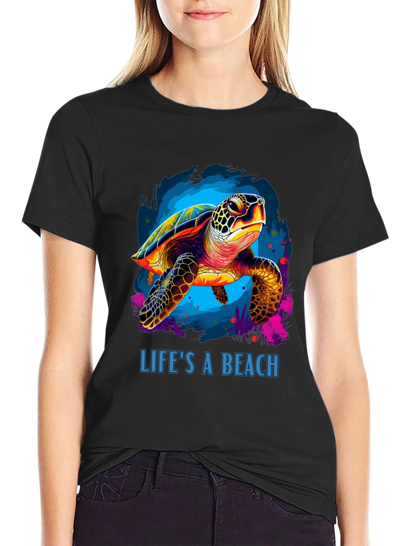 Lifes A Beach Turtle Graphic Tee - Black