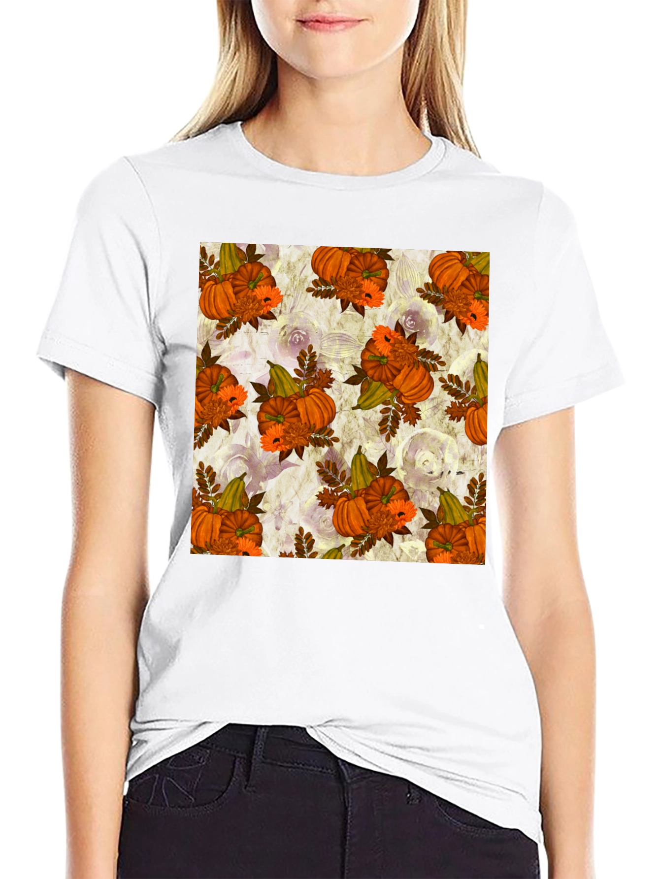 Pumpkin Floral Print Tee - Seasonal Style