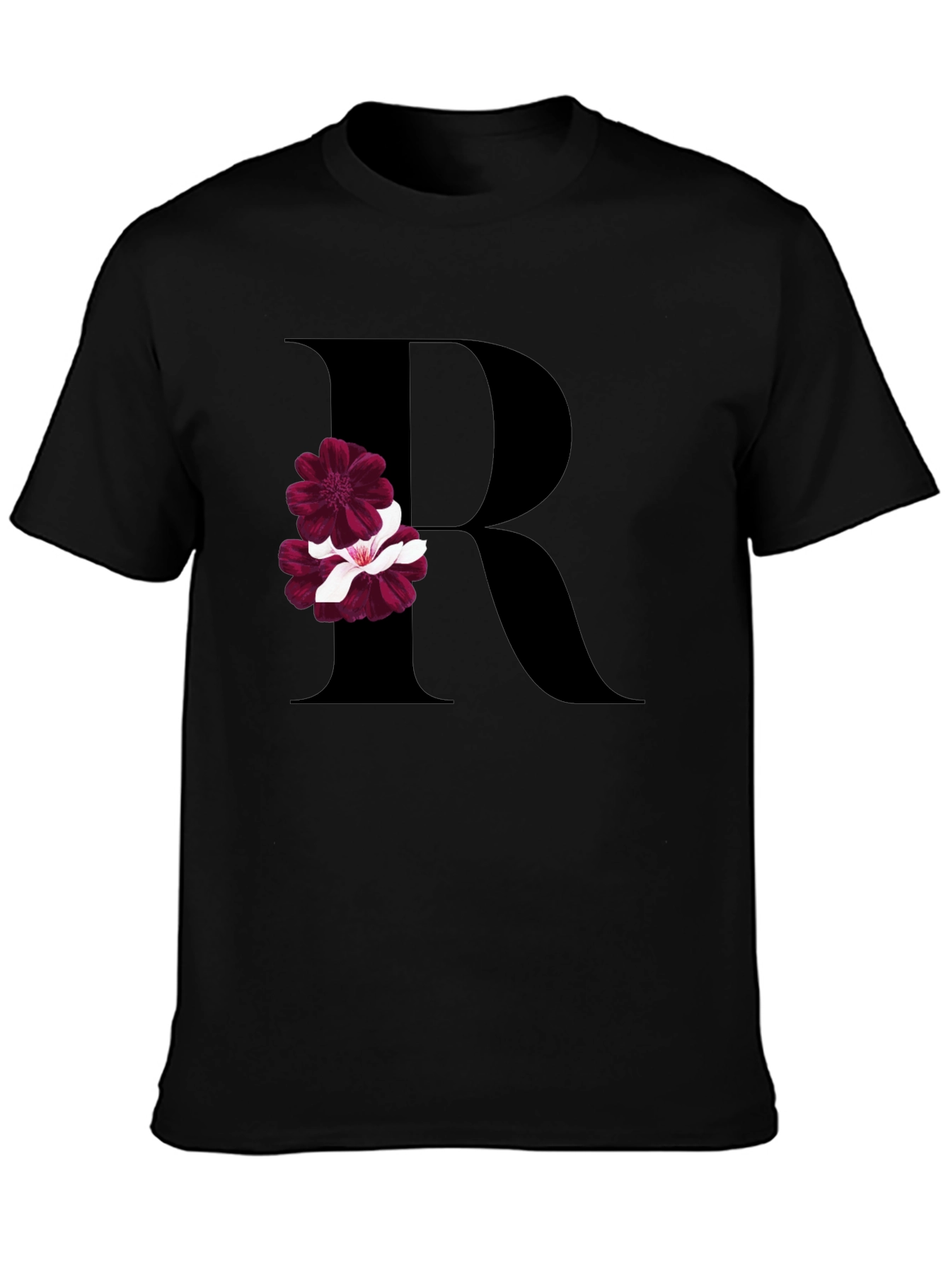 Floral Letter R Black T-Shirt
